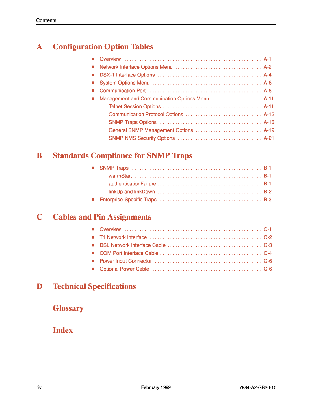 Paradyne Hotwire 7984 A Configuration Option Tables, B Standards Compliance for SNMP Traps, C Cables and Pin Assignments 