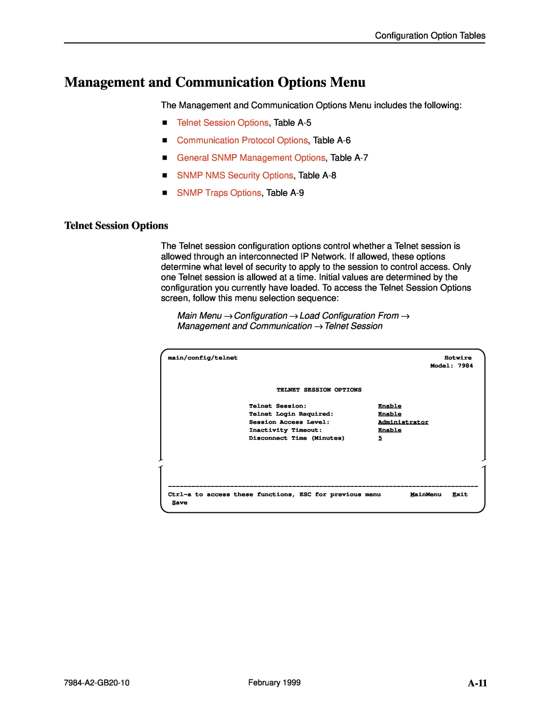 Paradyne Hotwire 7984 manual Management and Communication Options Menu, Telnet Session Options, A-11 