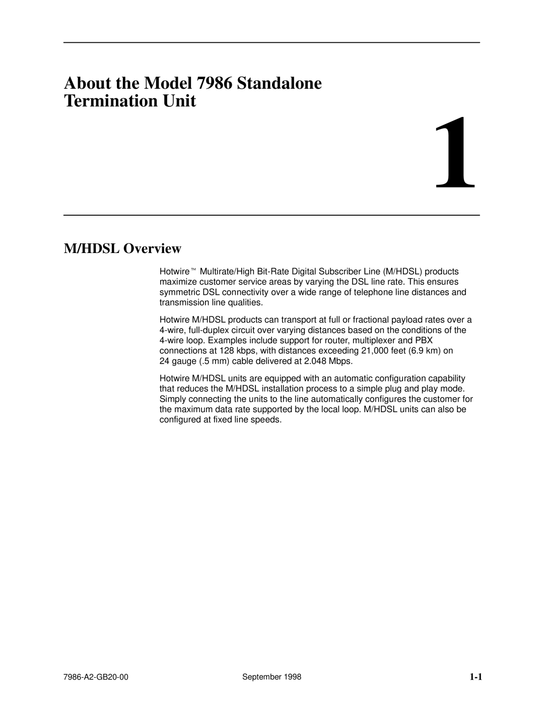 Paradyne HOTWIRE 7986 manual About the Model 7986 Standalone Termination Unit, Hdsl Overview 