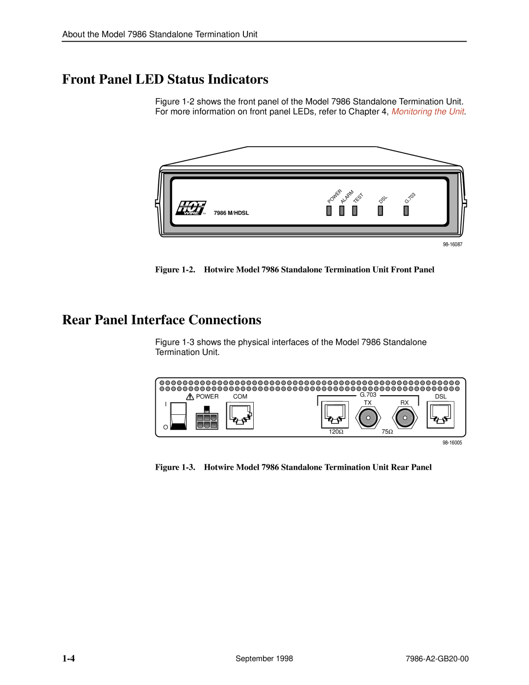 Paradyne HOTWIRE 7986 manual Front Panel LED Status Indicators, Rear Panel Interface Connections 