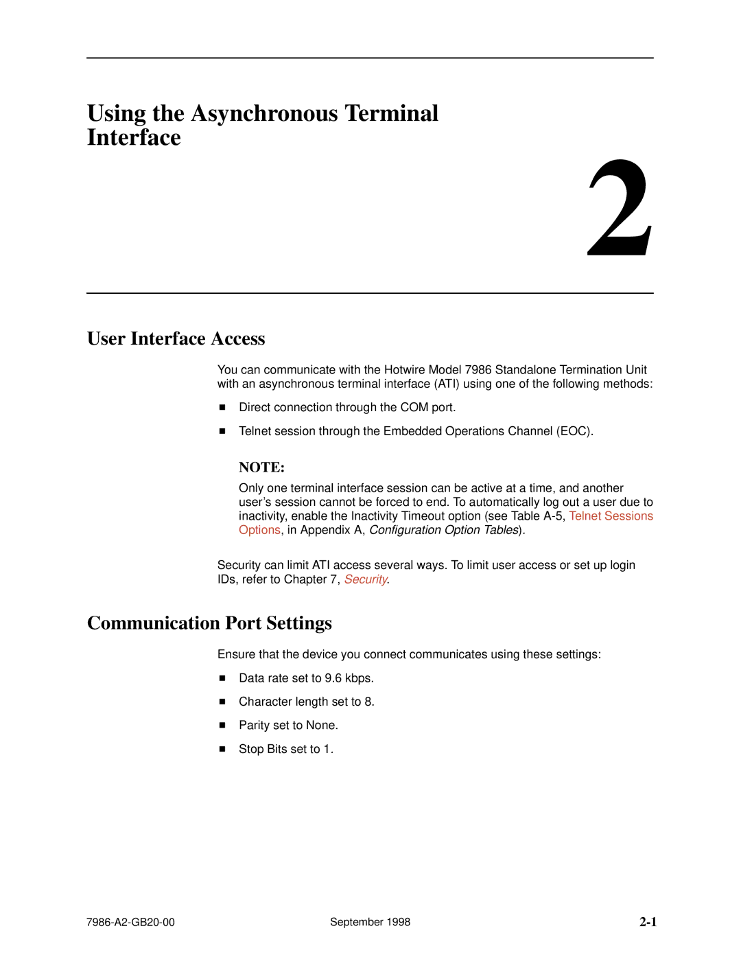 Paradyne HOTWIRE 7986 manual Using the Asynchronous Terminal Interface, User Interface Access, Communication Port Settings 