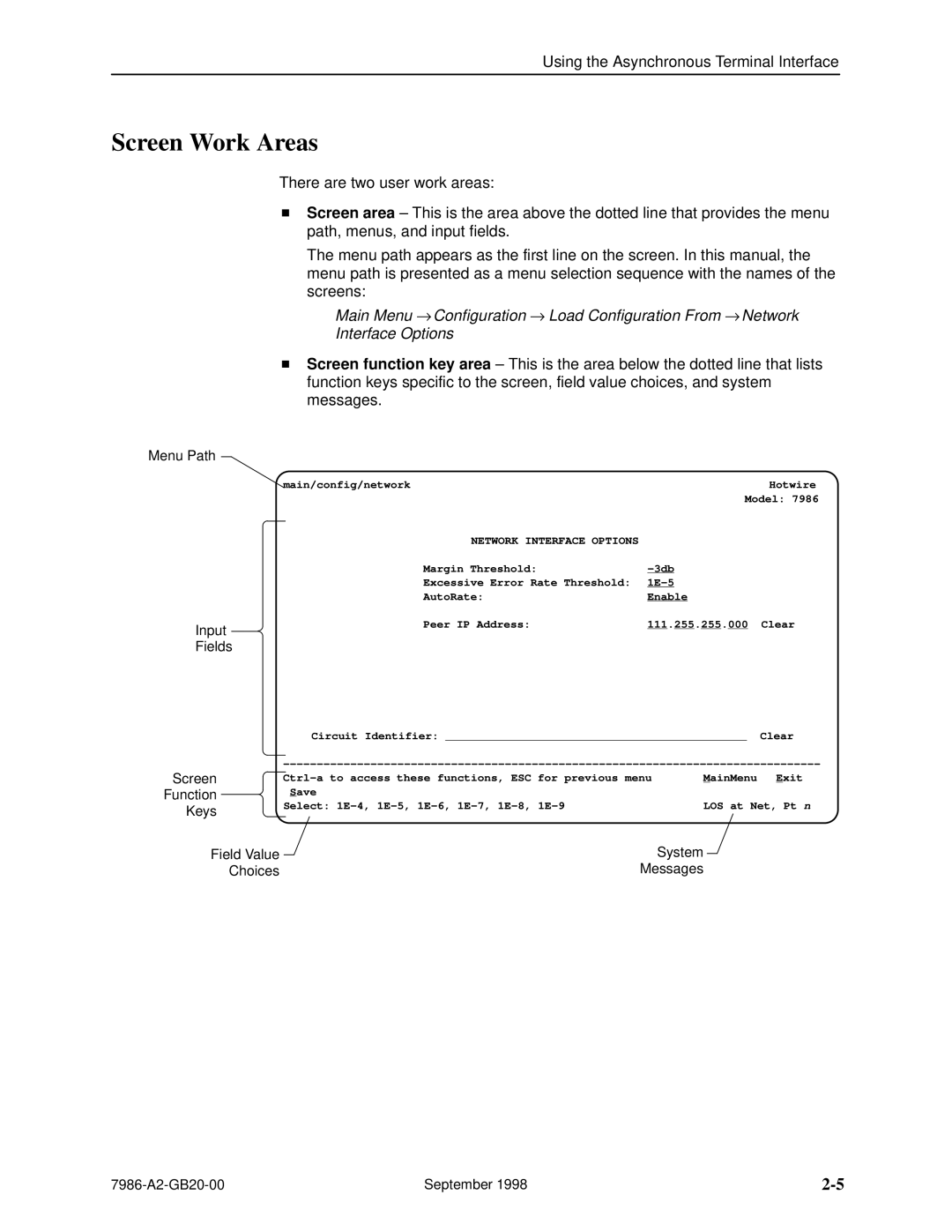 Paradyne HOTWIRE 7986 manual Screen Work Areas, Input, Keys, Field Value Choices Messages, Network Interface Options 