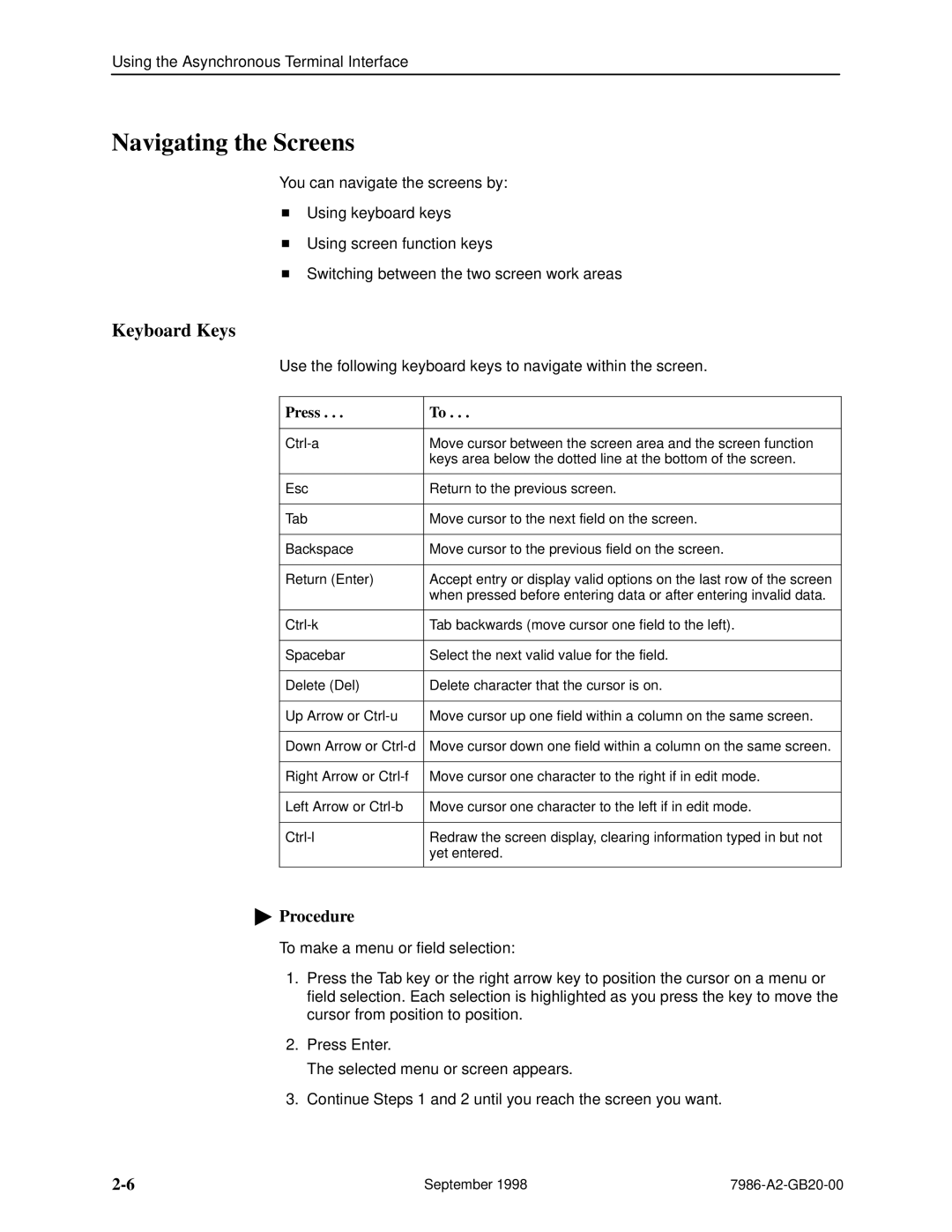 Paradyne HOTWIRE 7986 manual Navigating the Screens, Keyboard Keys, Press 