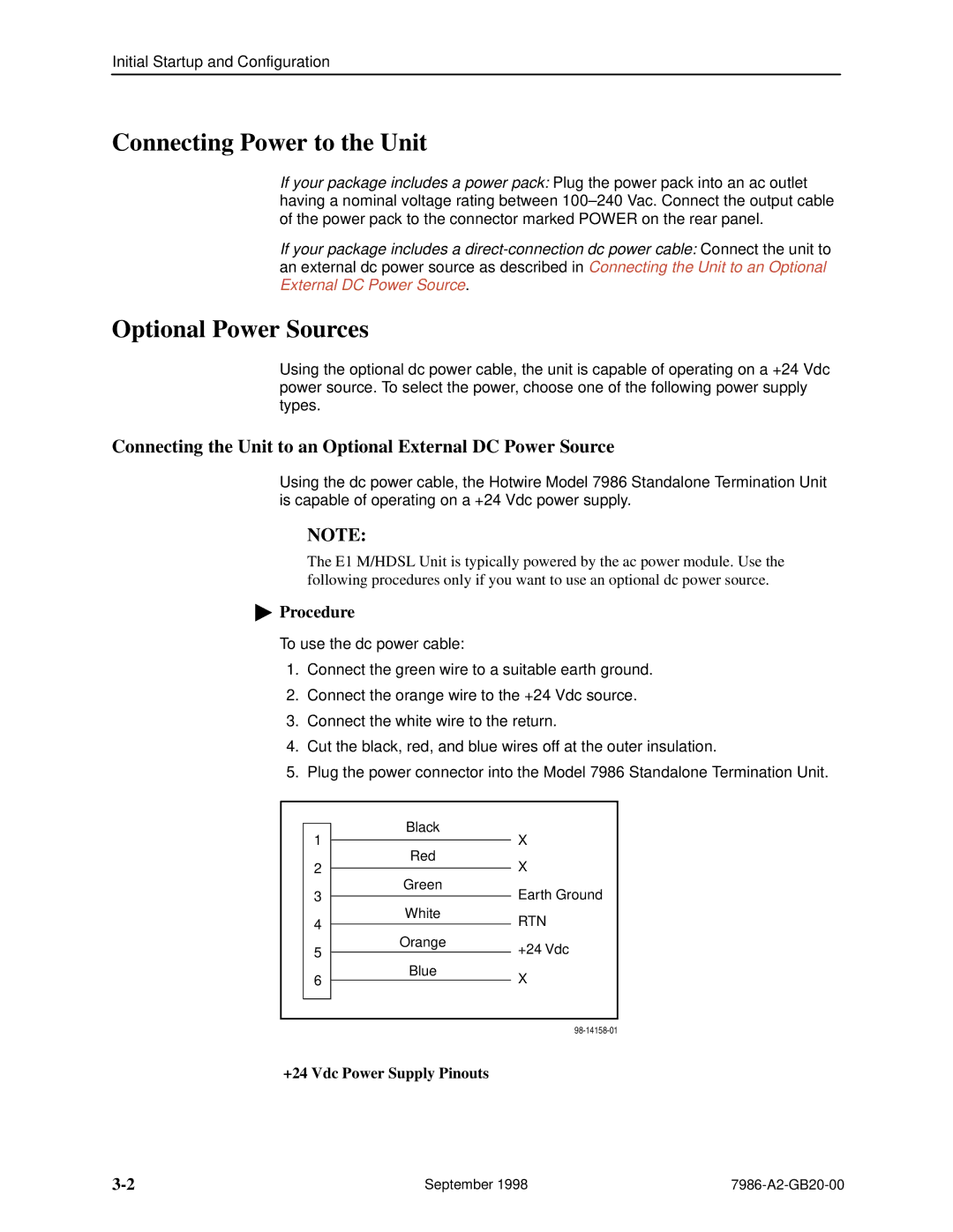 Paradyne HOTWIRE 7986 manual Connecting Power to the Unit, Optional Power Sources, +24 Vdc Power Supply Pinouts 