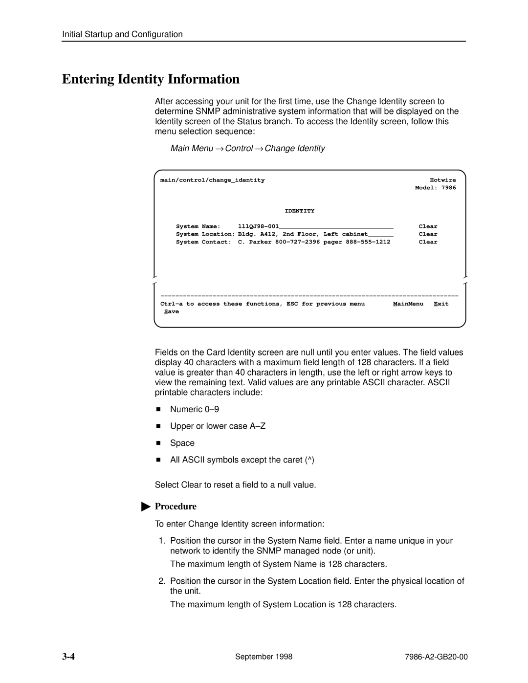 Paradyne HOTWIRE 7986 manual Entering Identity Information, Main Menu → Control → Change 