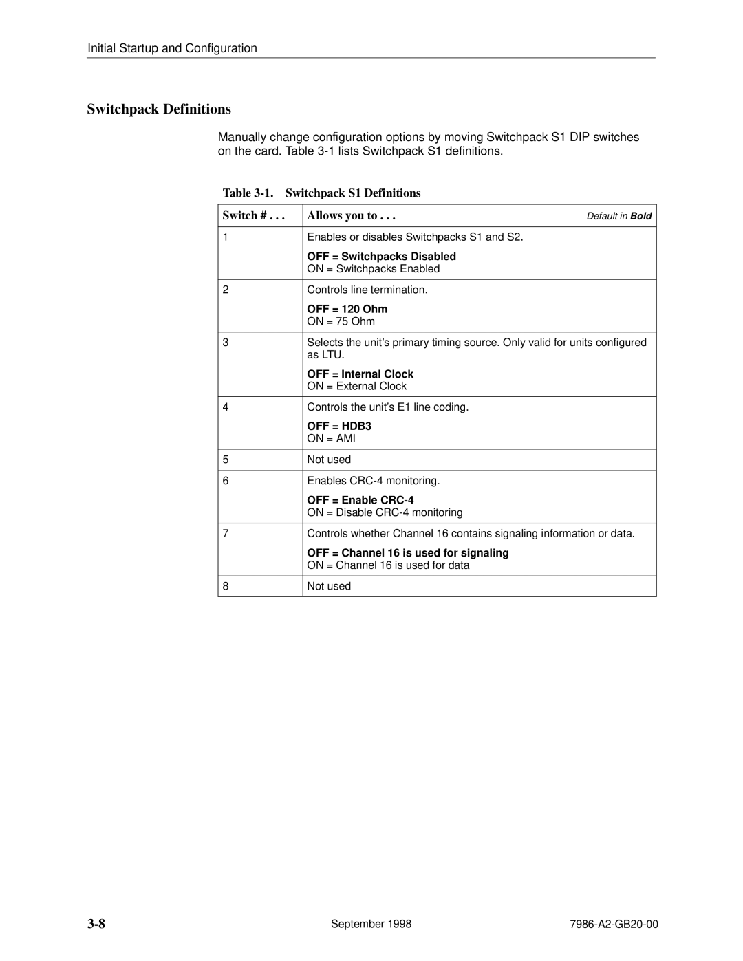 Paradyne HOTWIRE 7986 manual Switchpack Definitions, Switchpack S1 Definitions Switch # Allows you to 