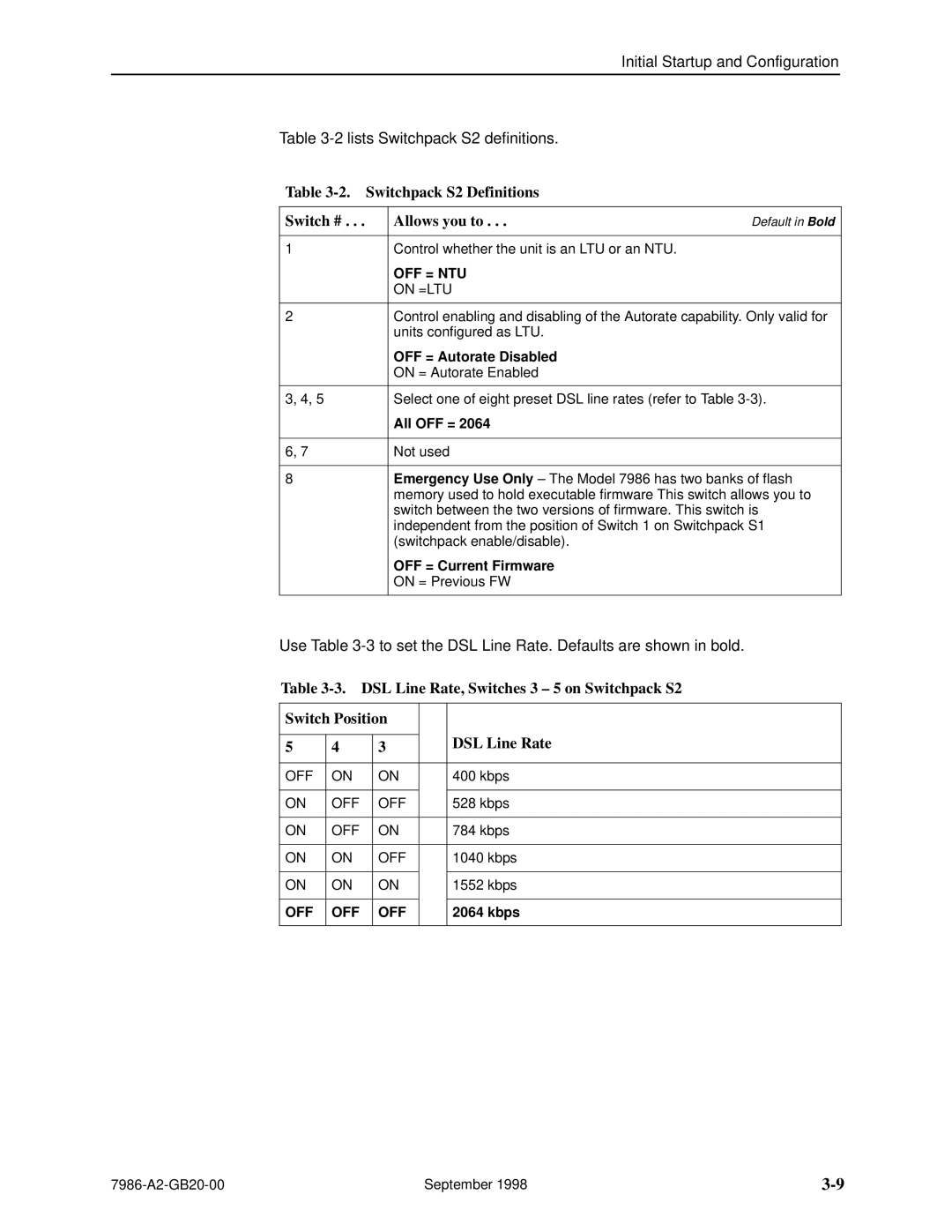 Paradyne HOTWIRE 7986 manual Switchpack S2 Definitions Switch # Allows you to, OFF = Autorate Disabled, All OFF =, Kbps 