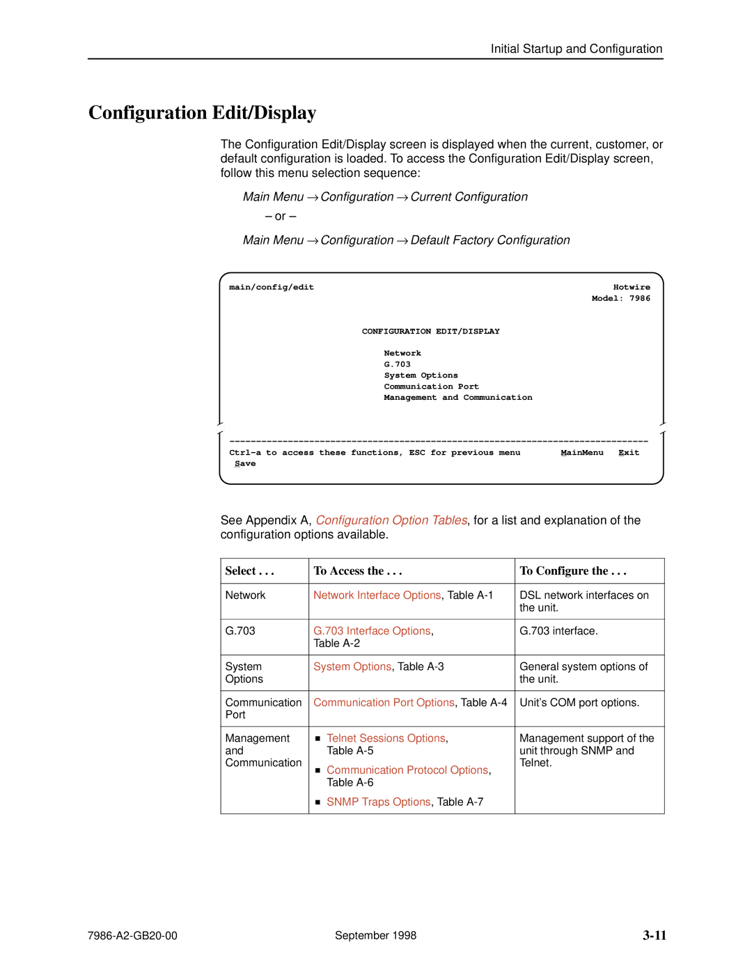 Paradyne HOTWIRE 7986 manual Configuration Edit/Display, Main Menu → Configuration → Current Configuration 