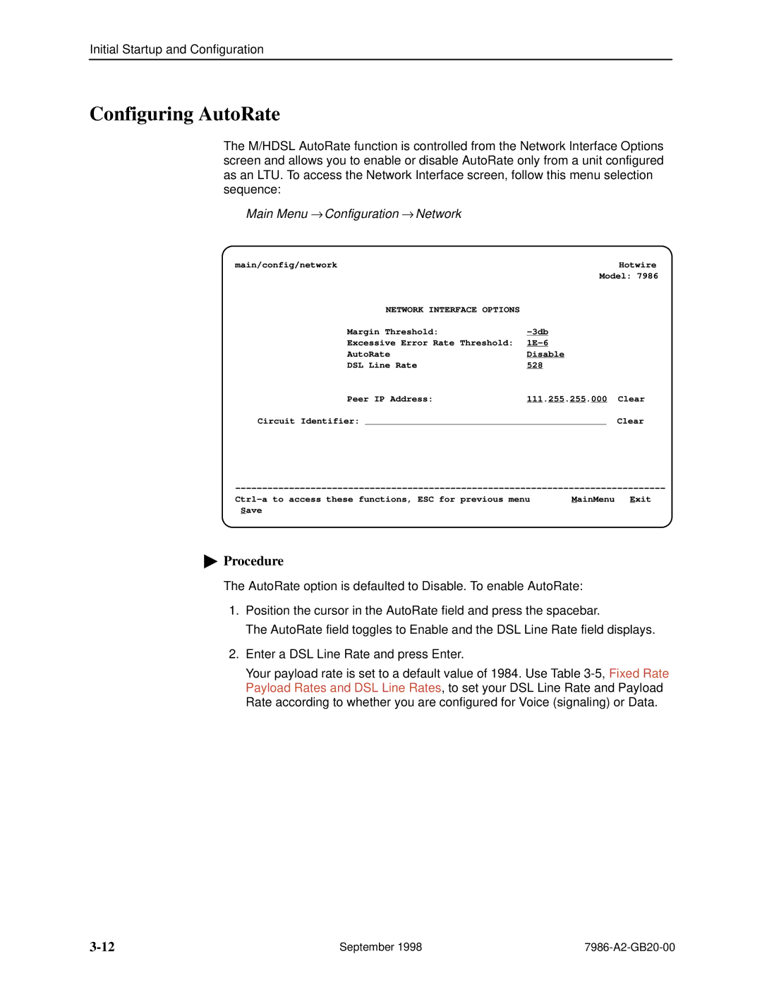 Paradyne HOTWIRE 7986 manual Configuring AutoRate, Main Menu → Configuration → Network 