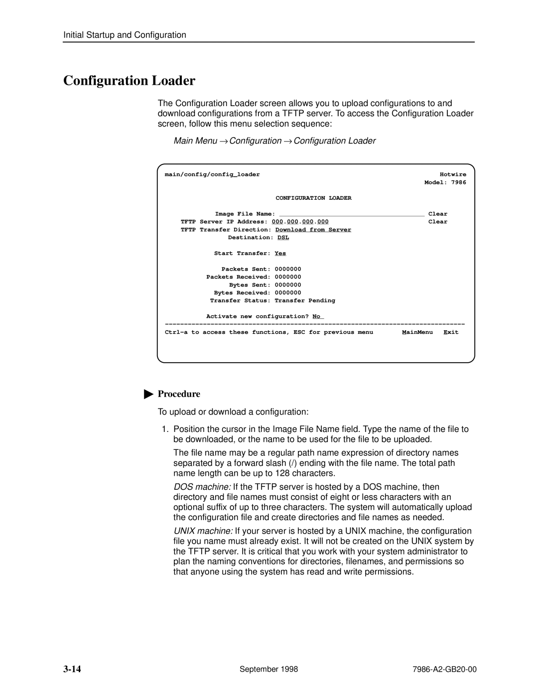 Paradyne HOTWIRE 7986 manual Main Menu → Configuration → Configuration Loader 