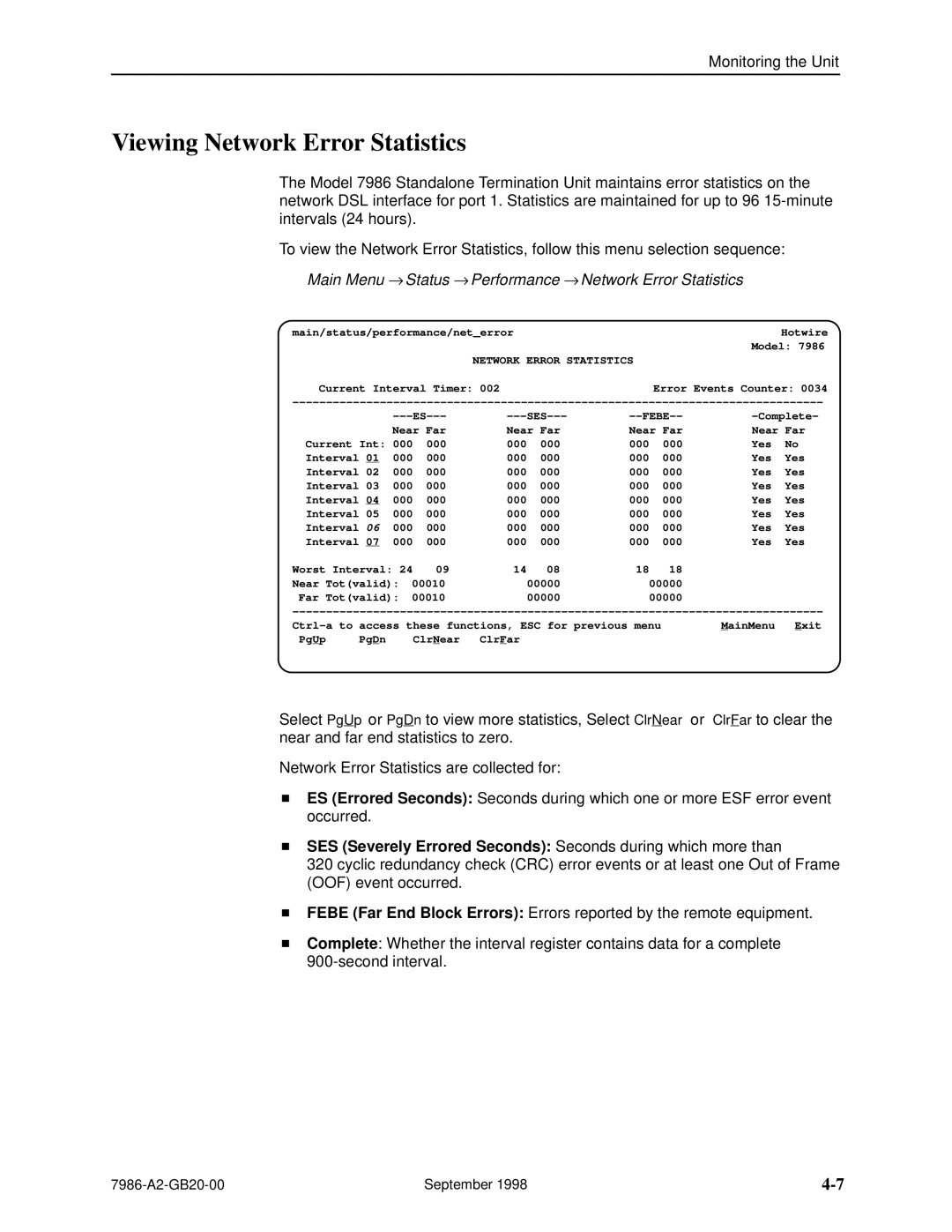 Paradyne HOTWIRE 7986 manual Viewing Network Error Statistics, Main Menu → Status → Performance → Network Error Statistics 