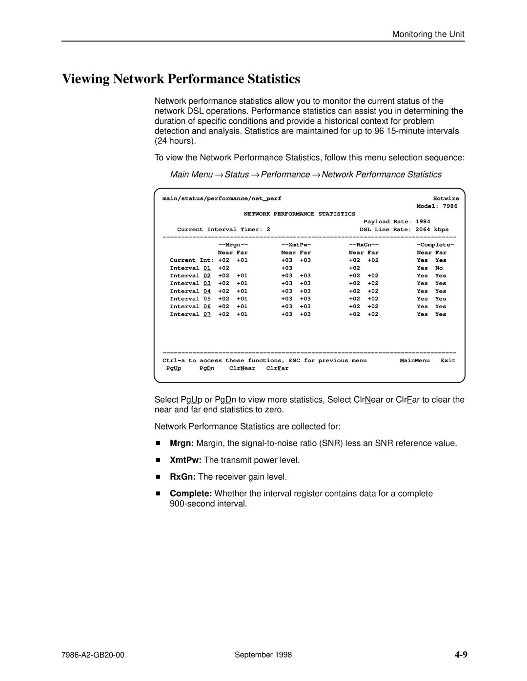 Paradyne HOTWIRE 7986 manual Viewing Network Performance Statistics 