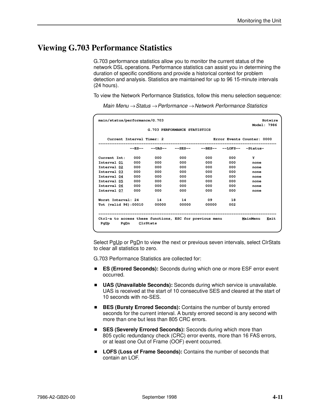 Paradyne HOTWIRE 7986 manual Viewing G.703 Performance Statistics 