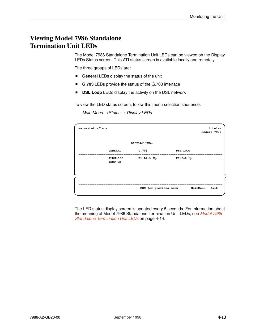 Paradyne HOTWIRE 7986 Viewing Model 7986 Standalone Termination Unit LEDs, Main Menu → Status → Display LEDs, General 