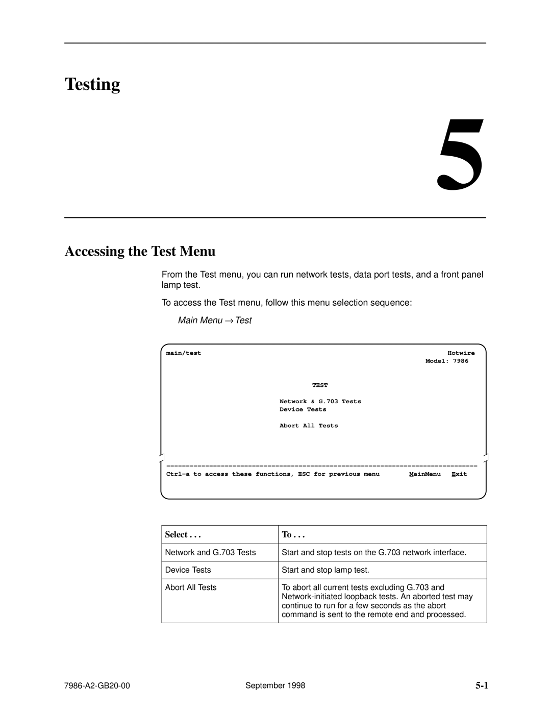 Paradyne HOTWIRE 7986 manual Testing, Accessing the Test Menu, Main Menu → 