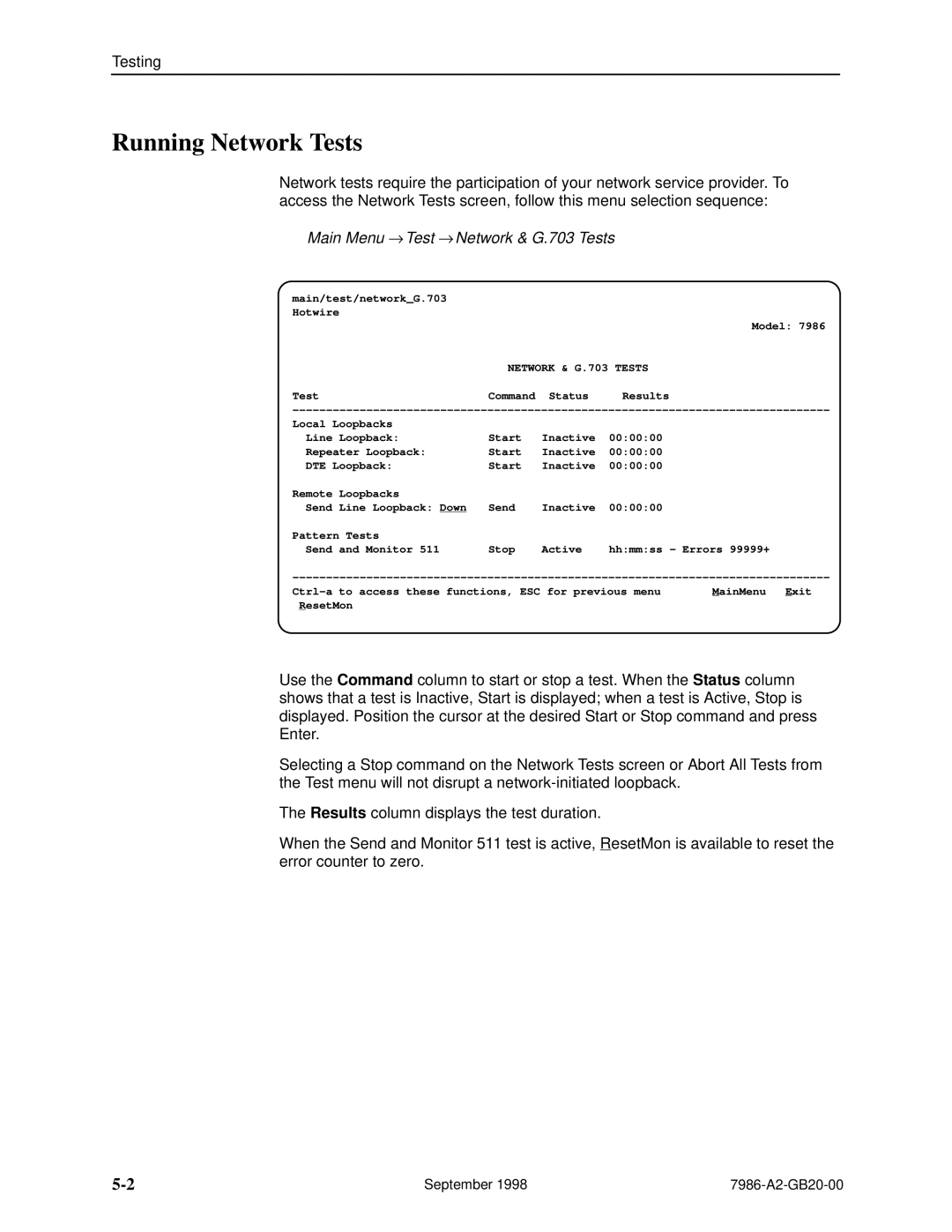 Paradyne HOTWIRE 7986 manual Running Network Tests, Main Menu → Test → Network & G.703 Tests 