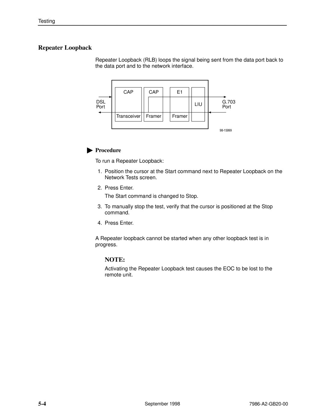 Paradyne HOTWIRE 7986 manual Repeater Loopback 