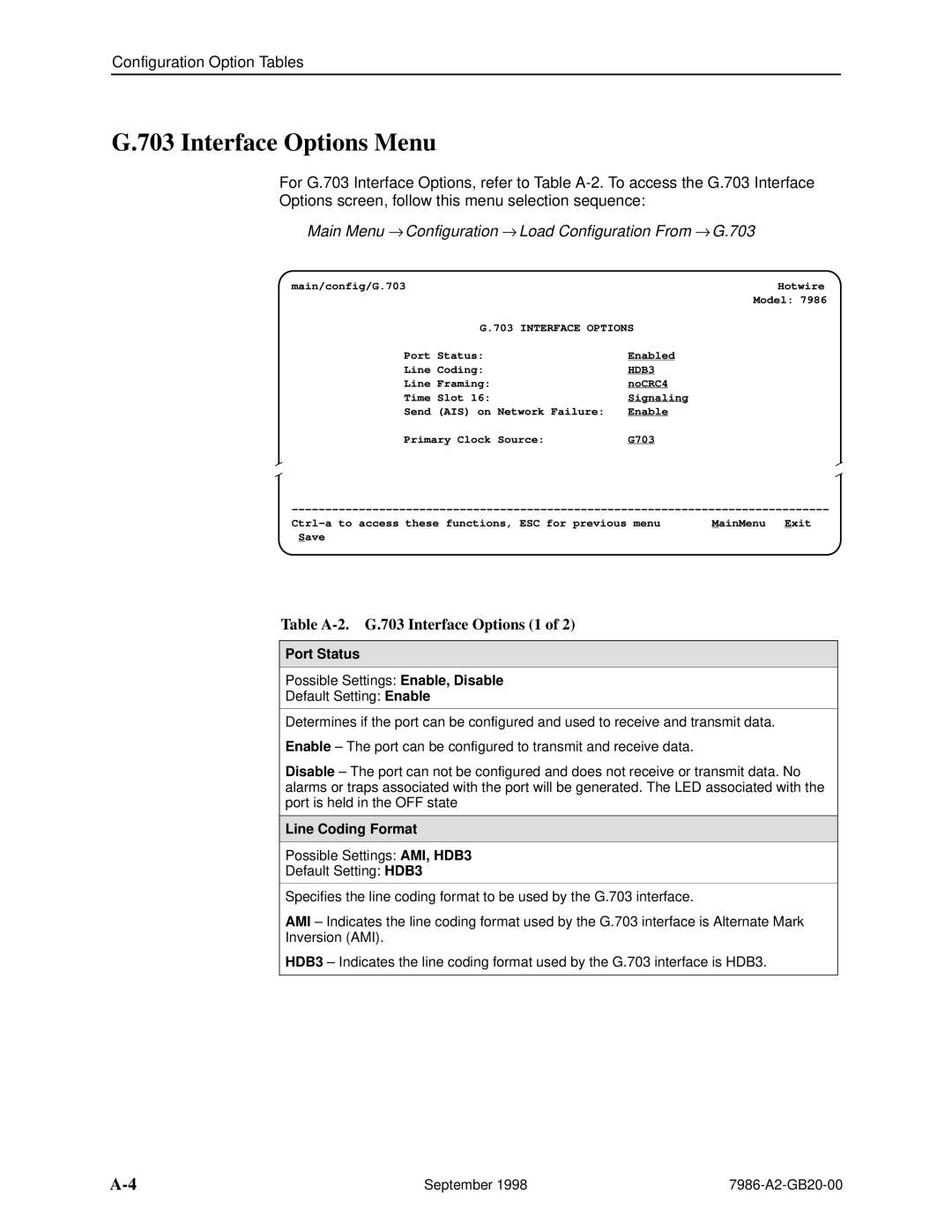 Paradyne HOTWIRE 7986 manual Interface Options Menu, Main Menu → Configuration → Load Configuration From → G, Port Status 