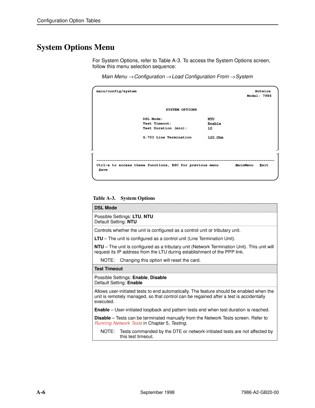 Paradyne HOTWIRE 7986 System Options Menu, Main Menu → Configuration → Load Configuration From →, DSL Mode, Test Timeout 