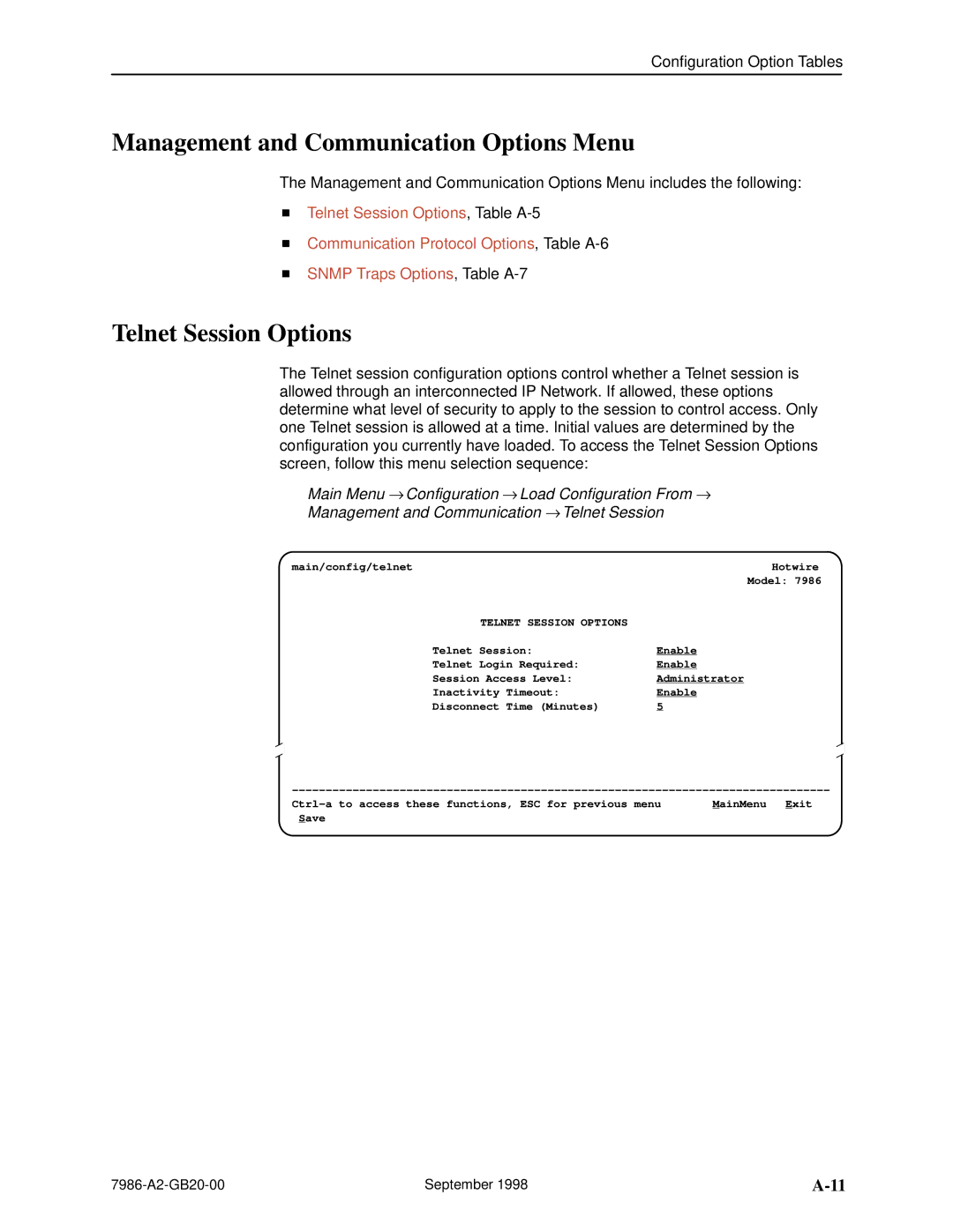 Paradyne HOTWIRE 7986 manual Management and Communication Options Menu, Telnet Session Options 