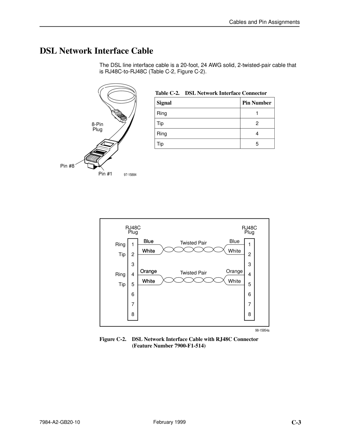 Paradyne HOTWIREt 7984 manual DSL Network Interface Cable, Table C-2. DSL Network Interface Connector, Signal Pin Number 