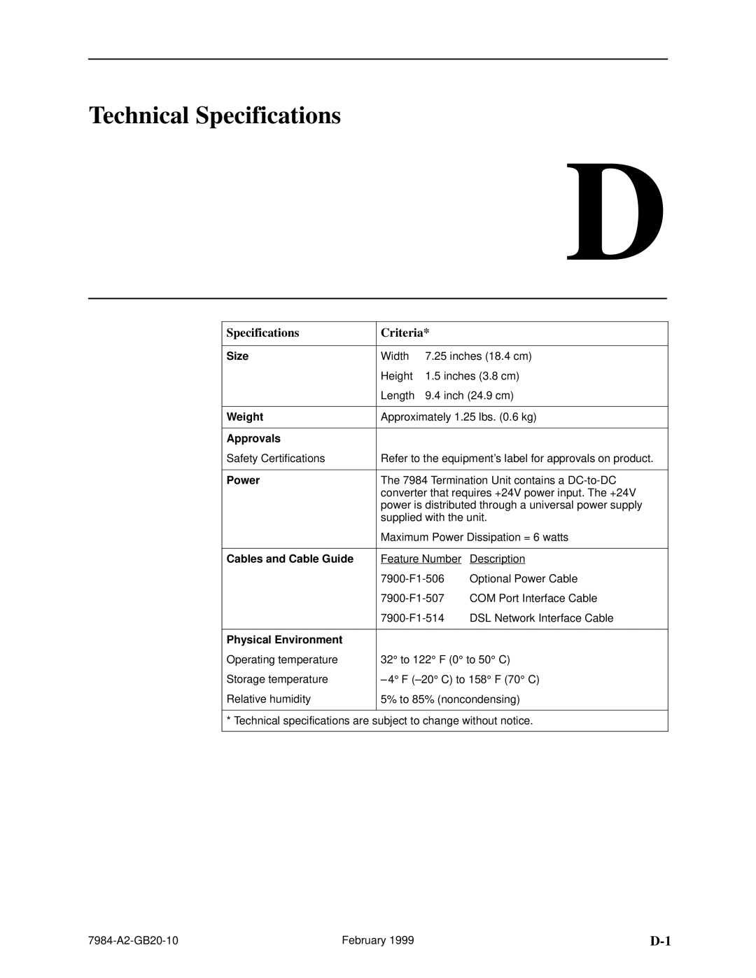 Paradyne HOTWIREt 7984 manual Technical Specifications, Specifications Criteria 