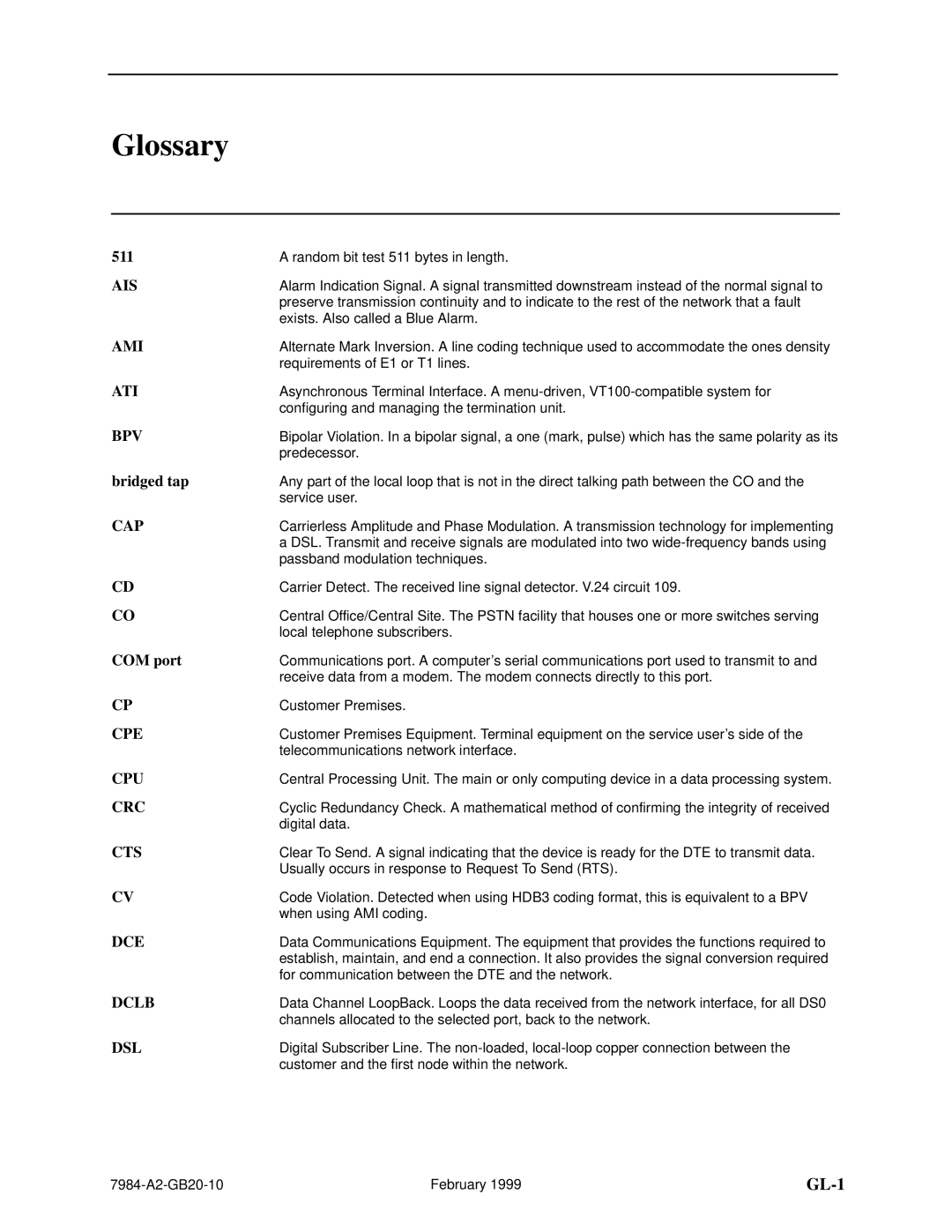 Paradyne HOTWIREt 7984 manual Glossary, 511, Bridged tap, COM port 