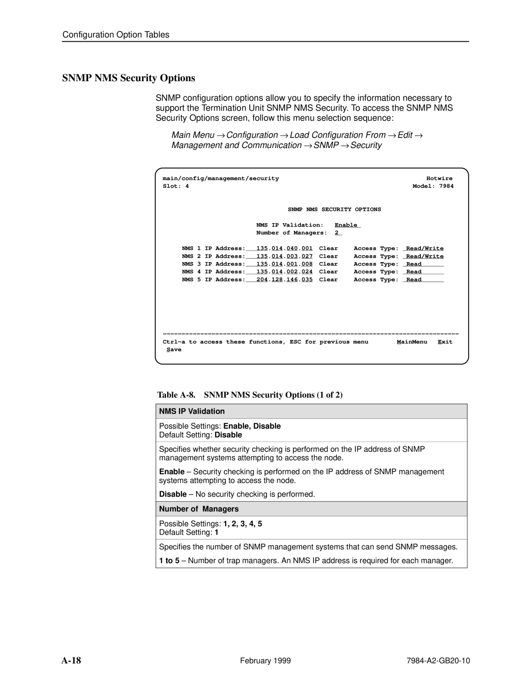 Paradyne HOTWIREt 7984 manual Table A-8. Snmp NMS Security Options 1, NMS IP Validation, Number of Managers 