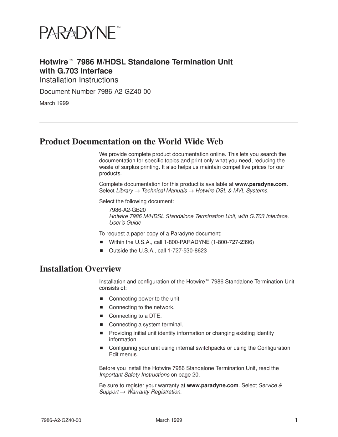 Paradyne Hotwiret 7986 installation instructions Product Documentation on the World Wide Web, Installation Overview 