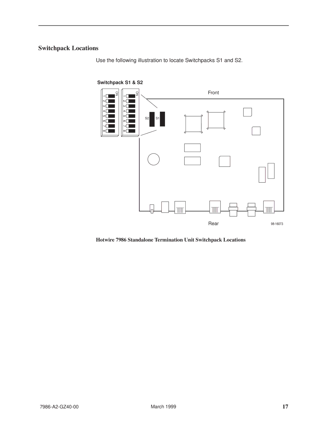 Paradyne Hotwiret 7986 installation instructions Switchpack Locations, Switchpack S1 & S2 