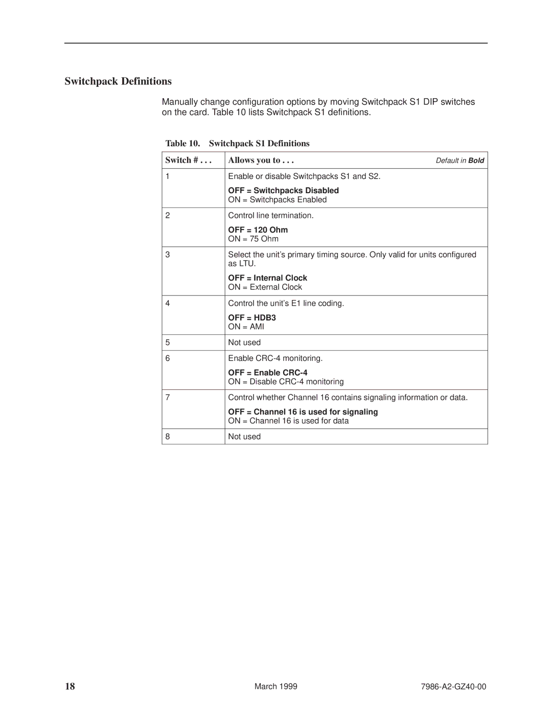 Paradyne Hotwiret 7986 installation instructions Switchpack S1 Definitions Switch # Allows you to 