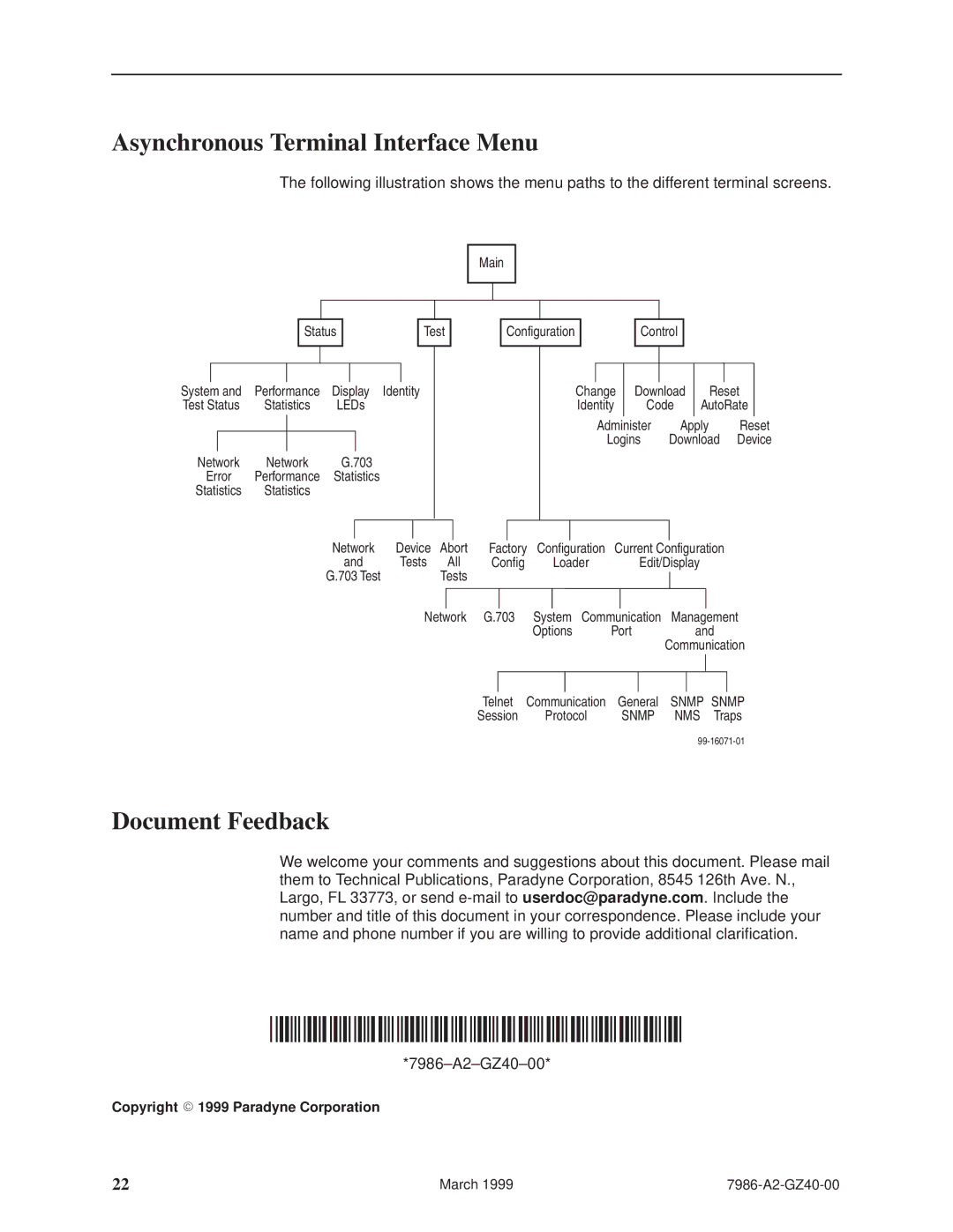 Paradyne Hotwiret 7986 Asynchronous Terminal Interface Menu, Document Feedback, Copyright E 1999 Paradyne Corporation 