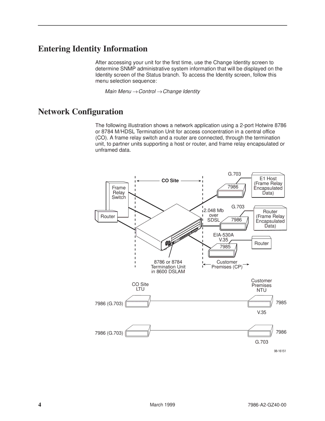 Paradyne Hotwiret 7986 installation instructions Entering Identity Information, Network Configuration, CO Site 