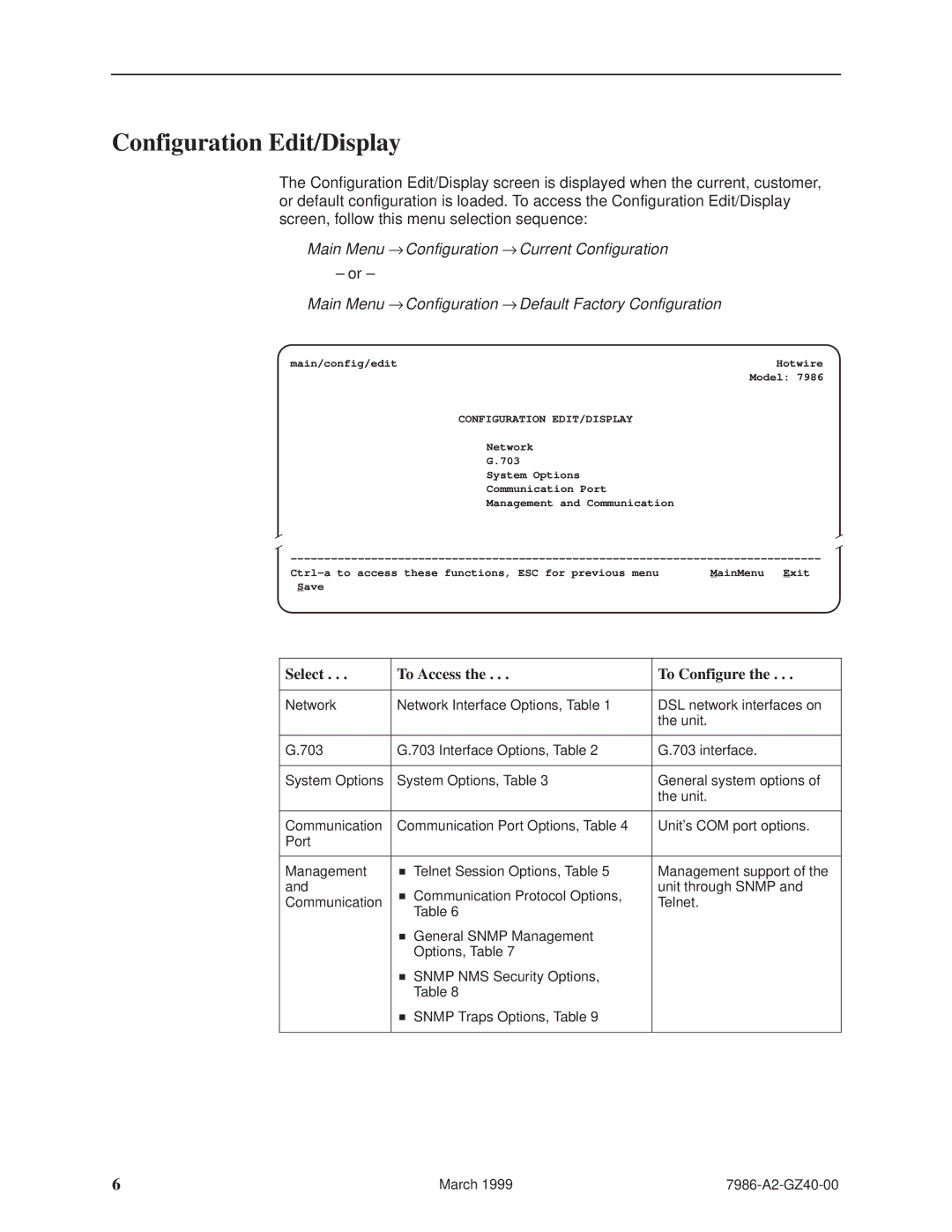 Paradyne Hotwiret 7986 installation instructions Configuration Edit/Display, Select To Access To Configure 