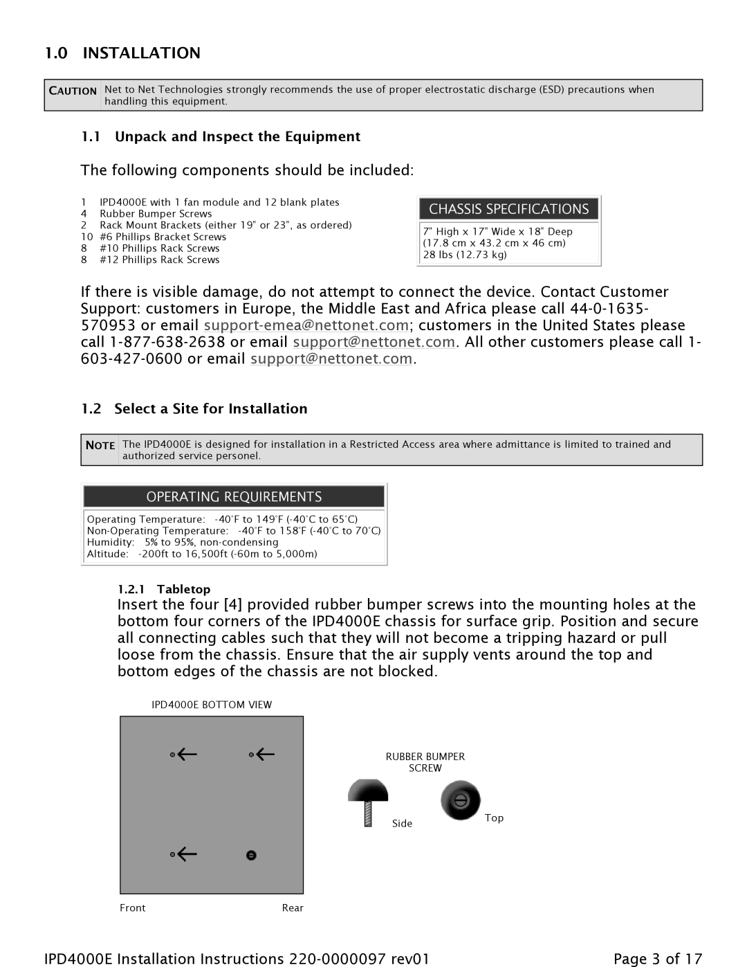 Paradyne IPD4000E installation instructions Chassis Specifications, Operating Requirements 