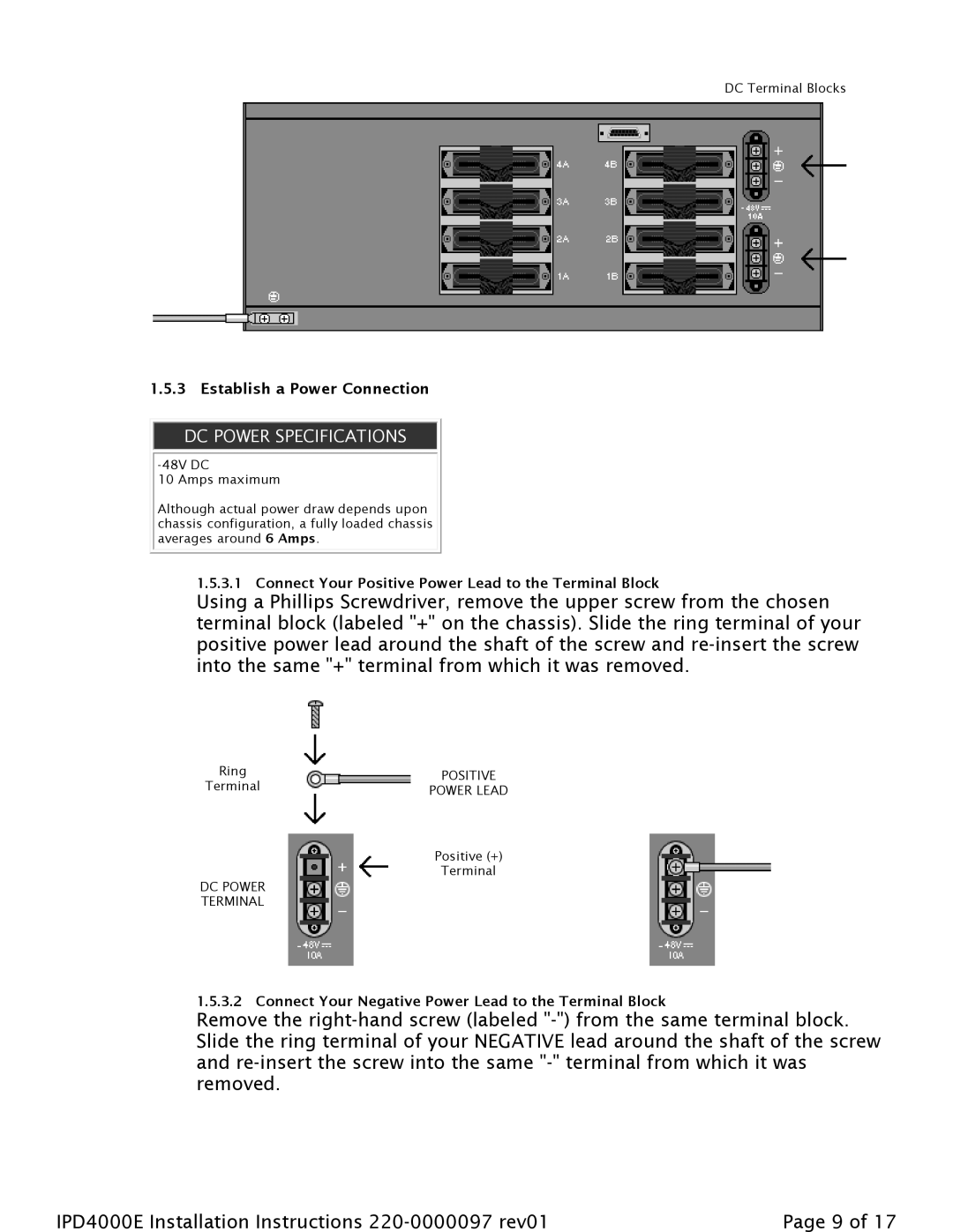 Paradyne IPD4000E installation instructions DC Power Specifications 