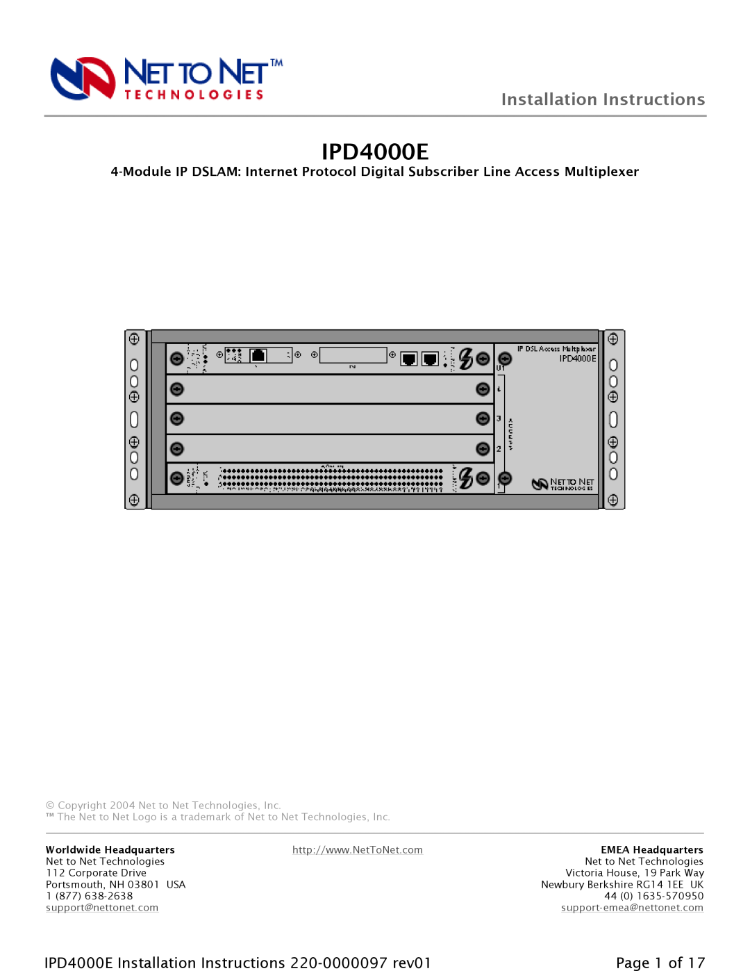 Paradyne IPD4000E installation instructions Installation Instructions, Copyright 2004 Net to Net Technologies, Inc 
