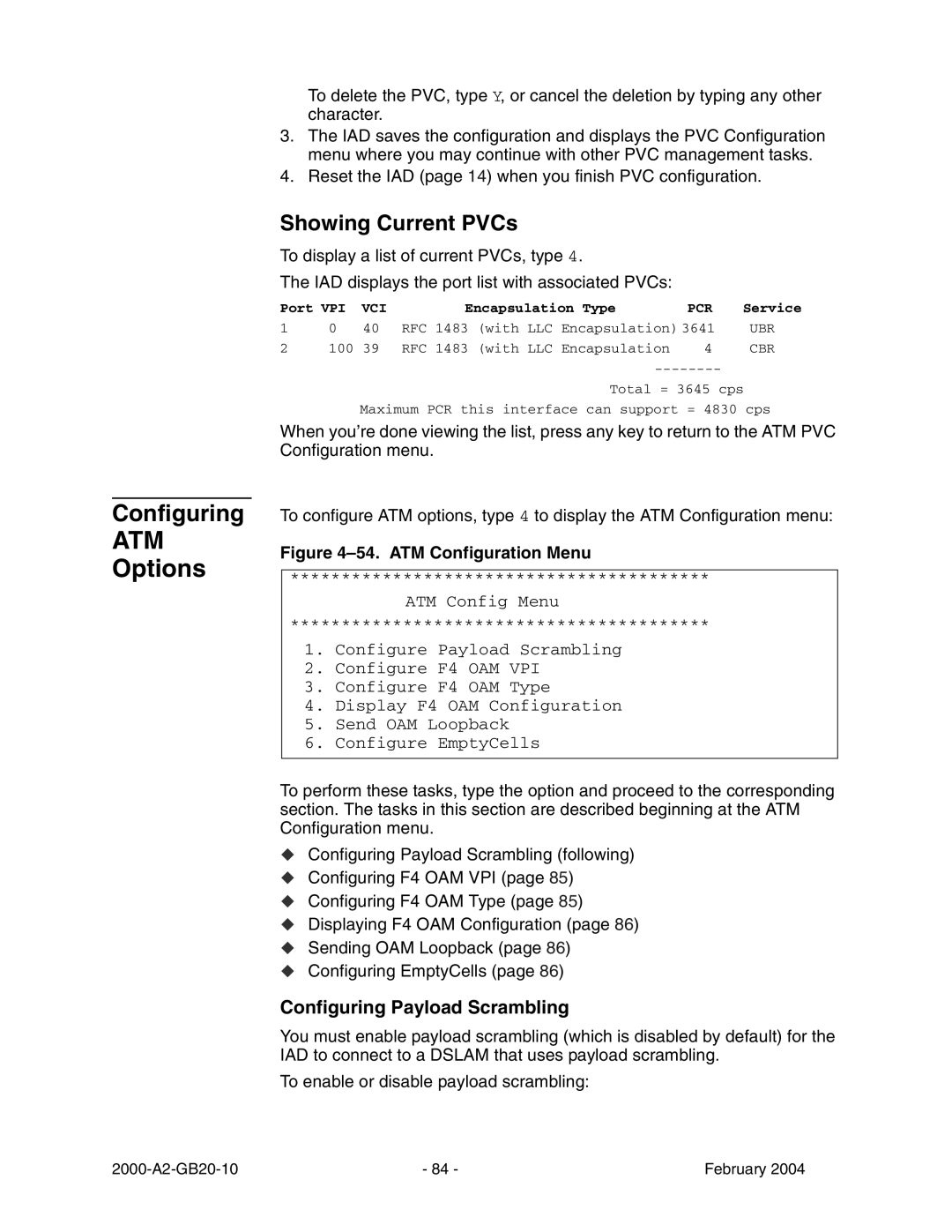 Paradyne JetFusion Integrated Access Device manual Showing Current PVCs, Configuring Payload Scrambling 