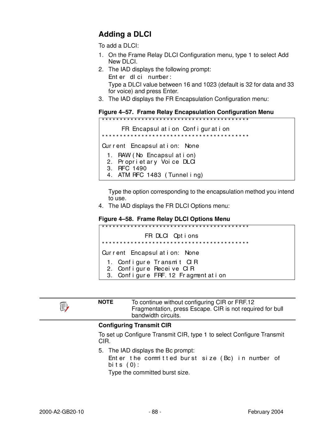 Paradyne JetFusion Integrated Access Device manual Adding a Dlci, Configuring Transmit CIR 