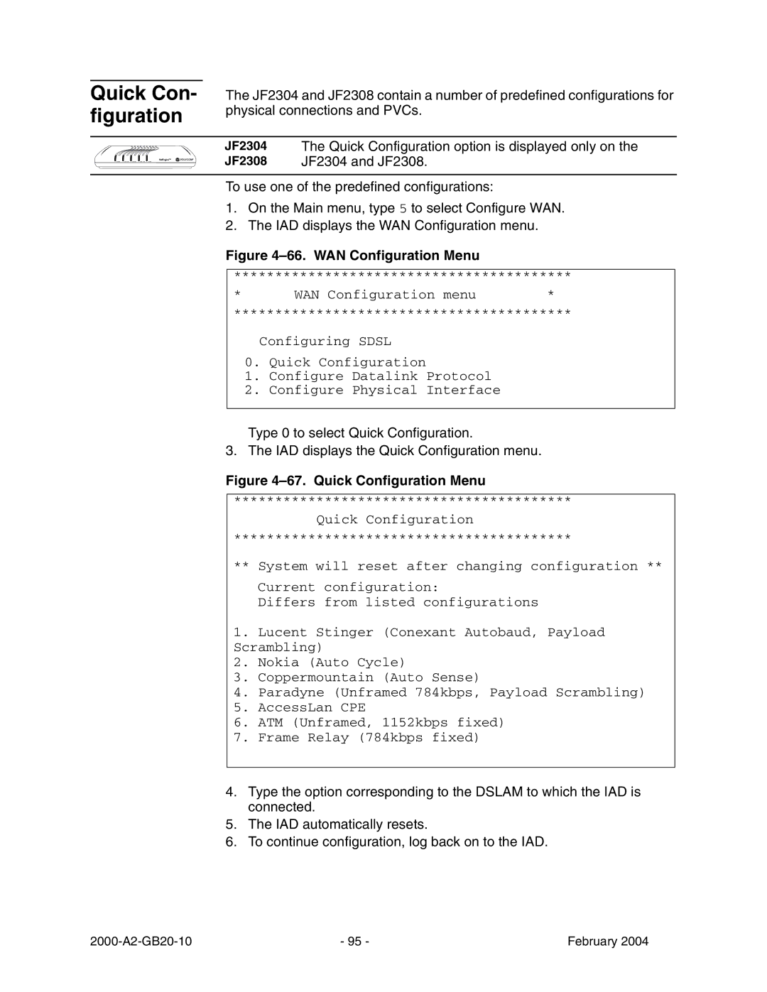 Paradyne JetFusion Integrated Access Device manual Quick Con- figuration, WAN Configuration Menu 