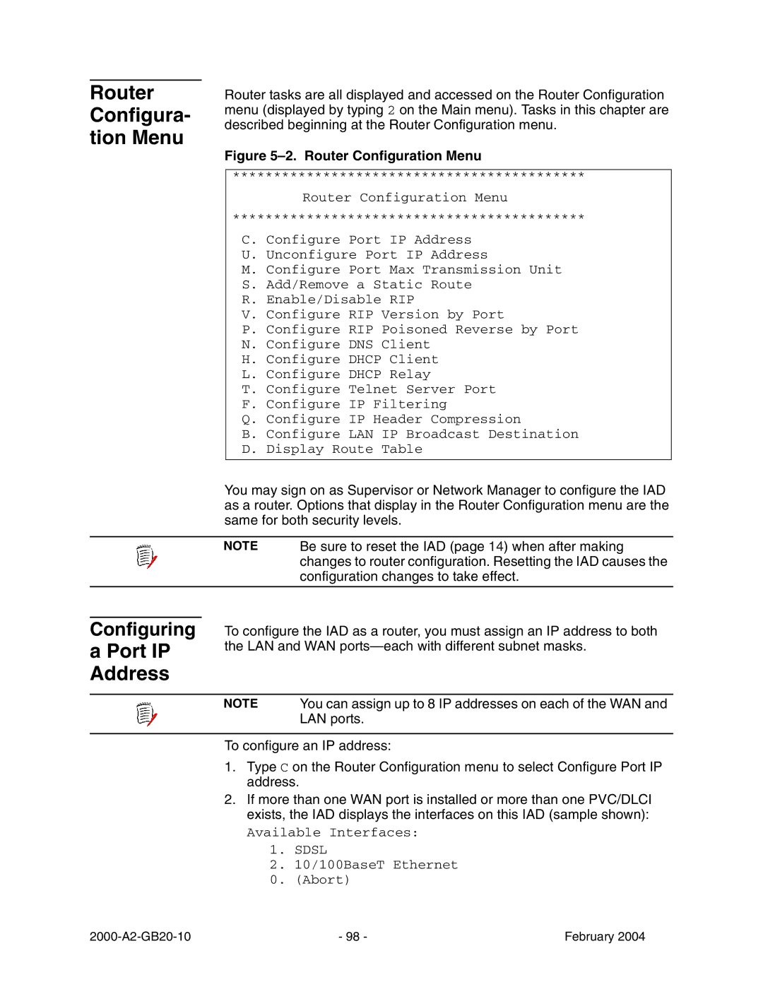 Paradyne JetFusion Integrated Access Device manual Router Configura- tion Menu, Port IP Address 