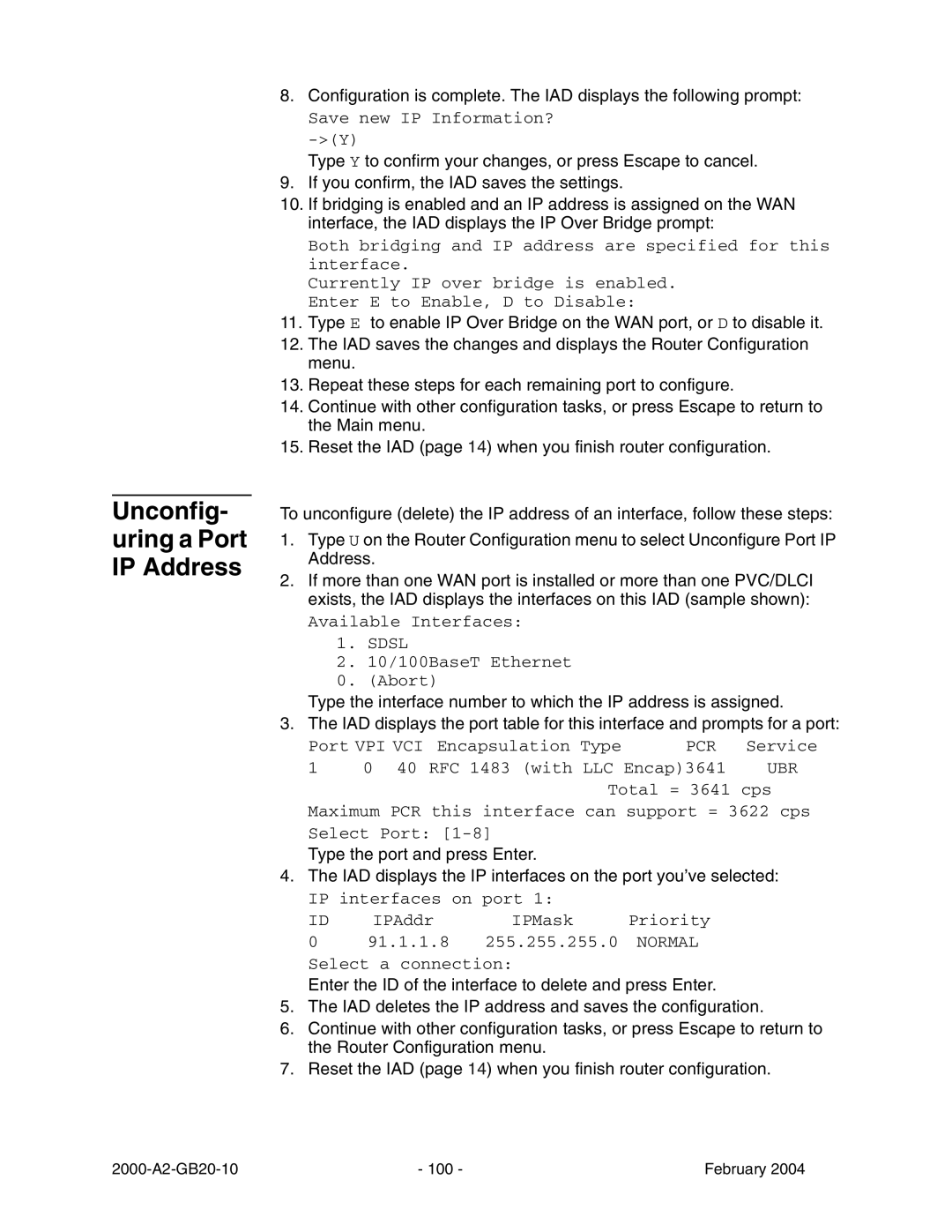 Paradyne JetFusion Integrated Access Device manual Unconfig- uring a Port IP Address 