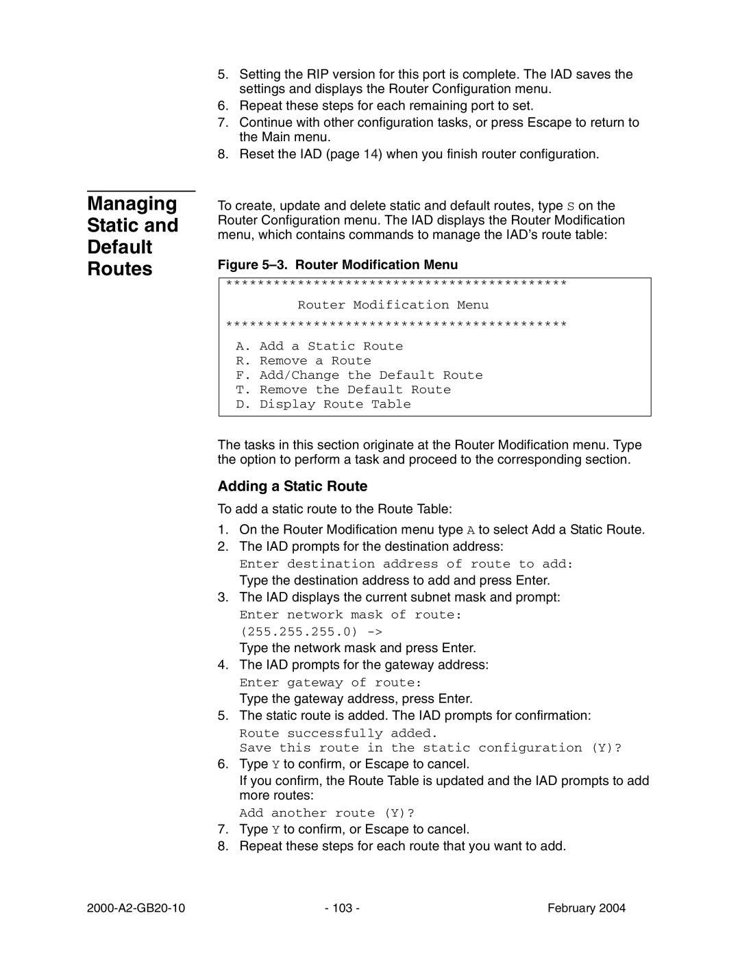 Paradyne JetFusion Integrated Access Device manual Managing Static Default Routes, Adding a Static Route 