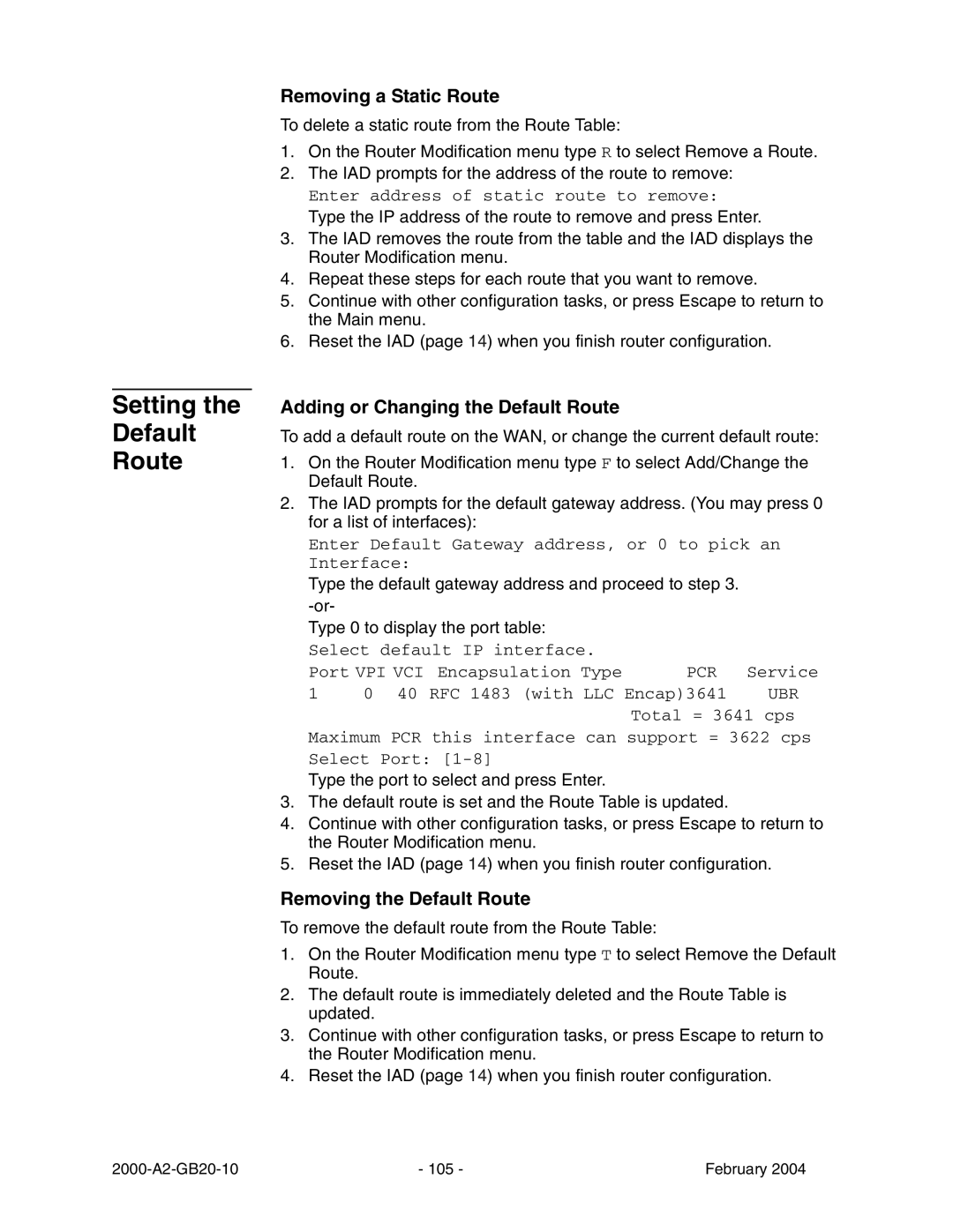 Paradyne JetFusion Integrated Access Device Setting Default Route, Removing a Static Route, Removing the Default Route 