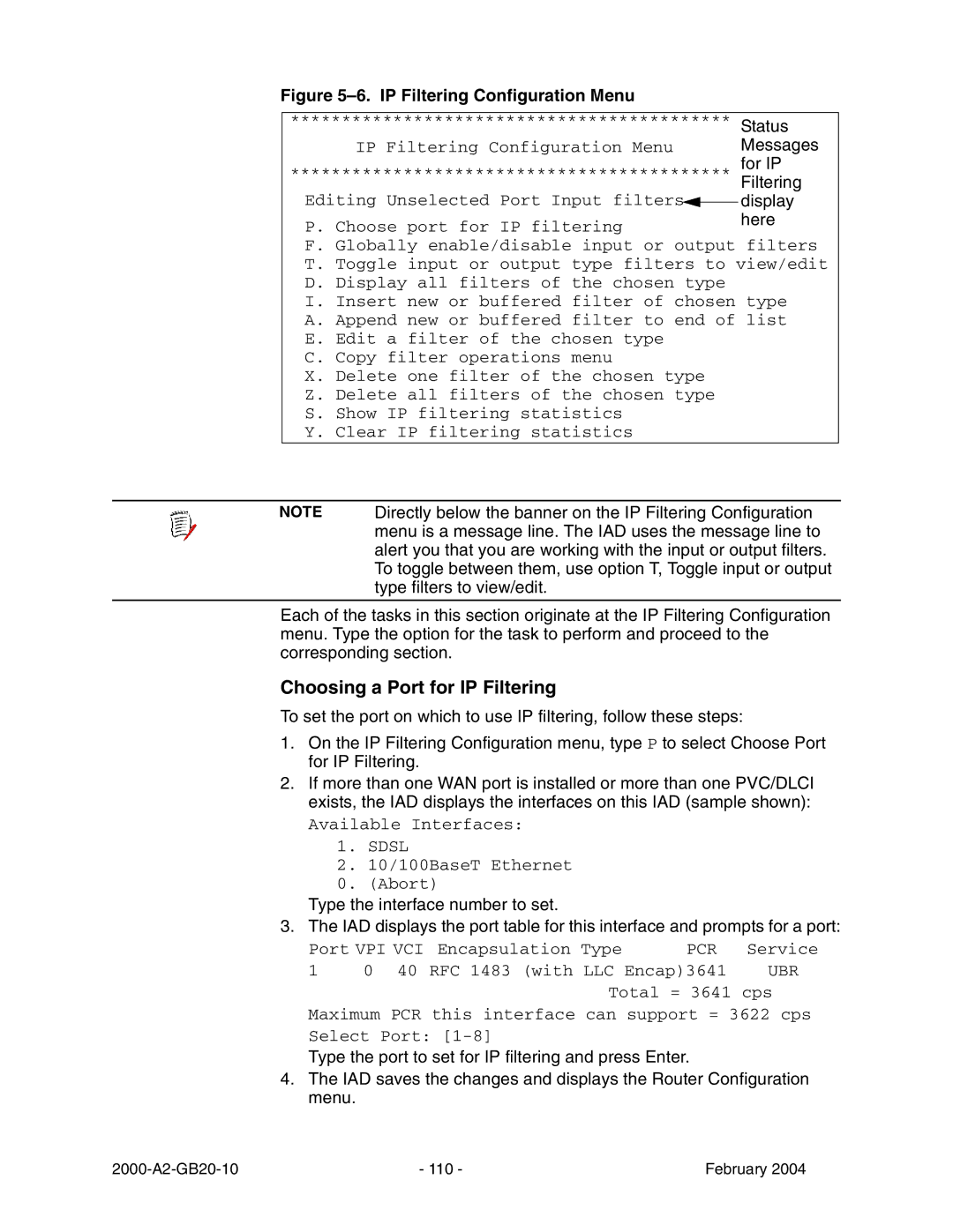 Paradyne JetFusion Integrated Access Device manual Choosing a Port for IP Filtering, IP Filtering Configuration Menu 