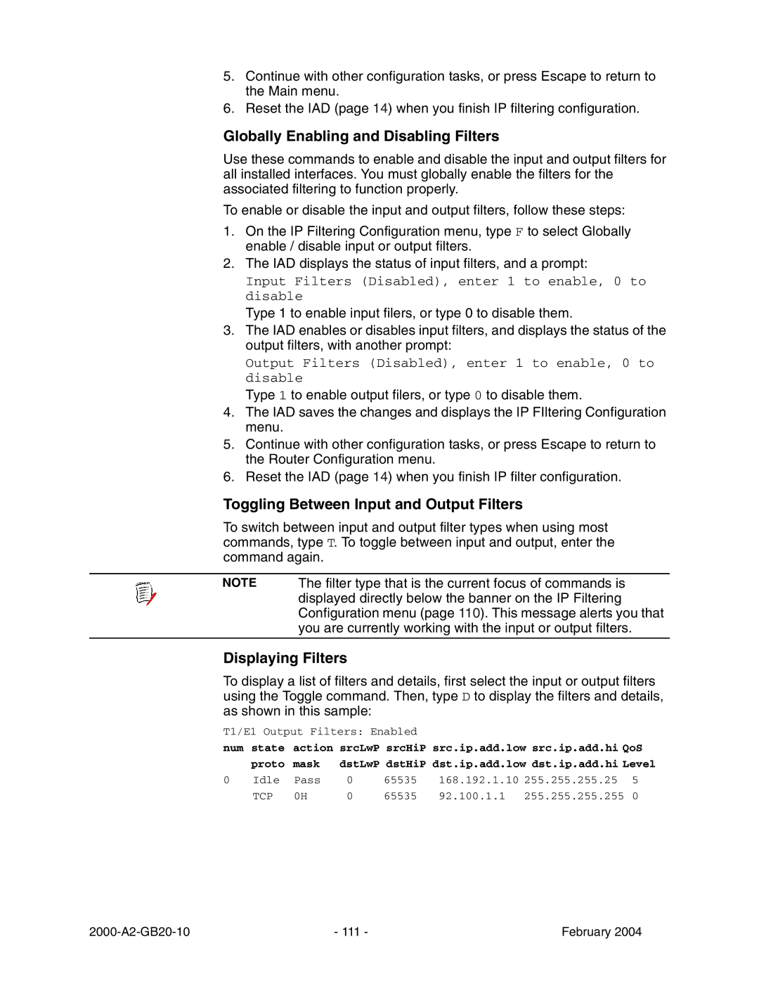 Paradyne JetFusion Integrated Access Device manual Globally Enabling and Disabling Filters, Displaying Filters 