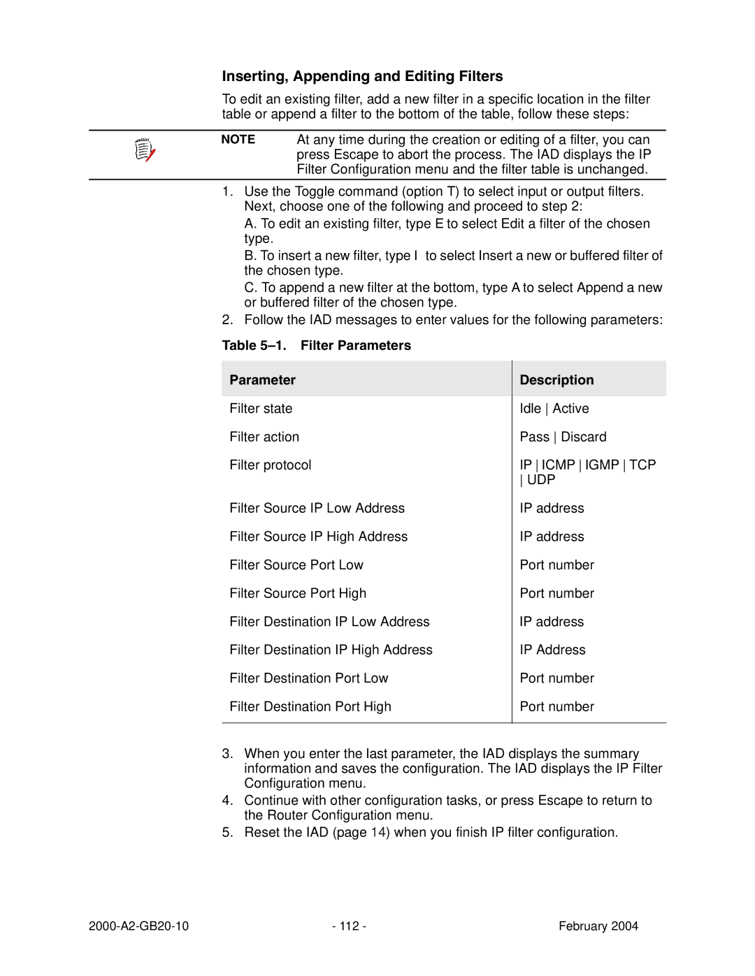 Paradyne JetFusion Integrated Access Device manual Inserting, Appending and Editing Filters, Filter Parameters, Description 