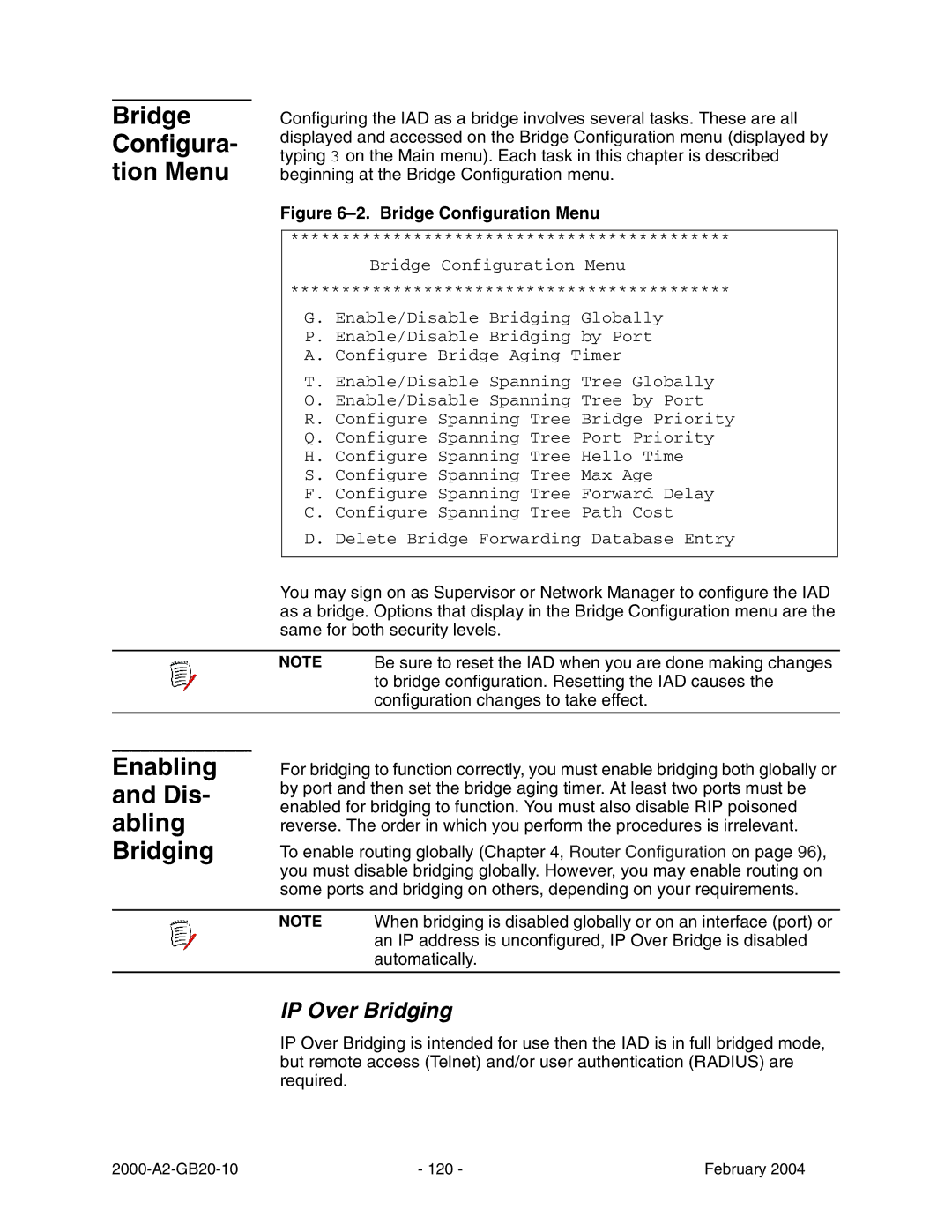 Paradyne JetFusion Integrated Access Device manual Bridge Configura- tion Menu, Enabling and Dis- abling Bridging 