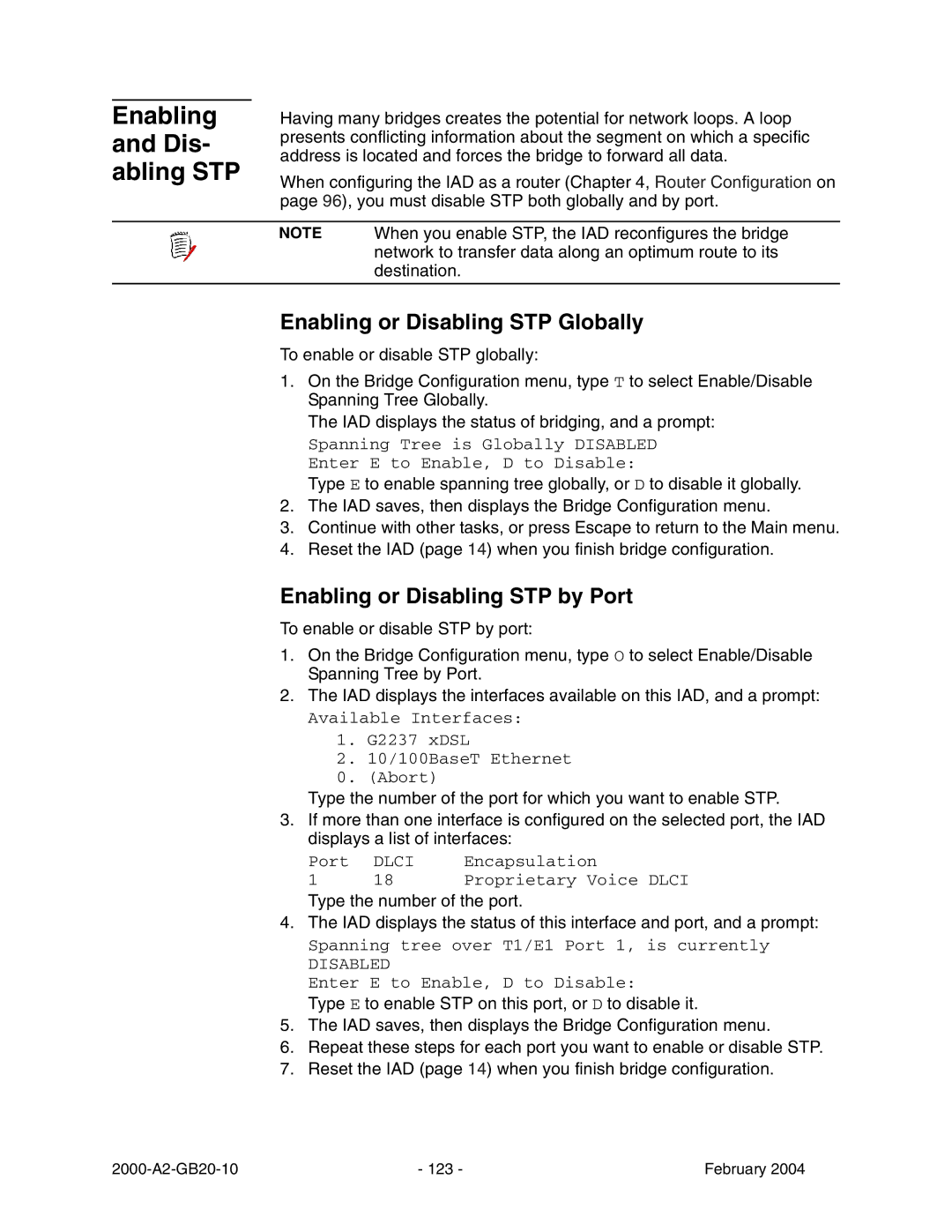 Paradyne JetFusion Integrated Access Device manual Enabling and Dis- abling STP, Enabling or Disabling STP Globally 