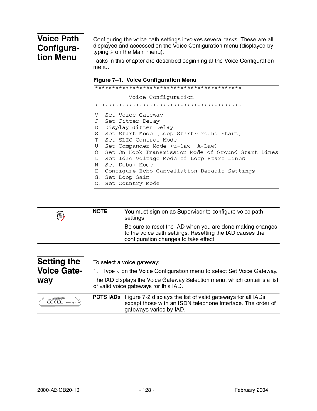 Paradyne JetFusion Integrated Access Device manual Voice Path Configura- tion Menu, Setting the Voice Gate- way 